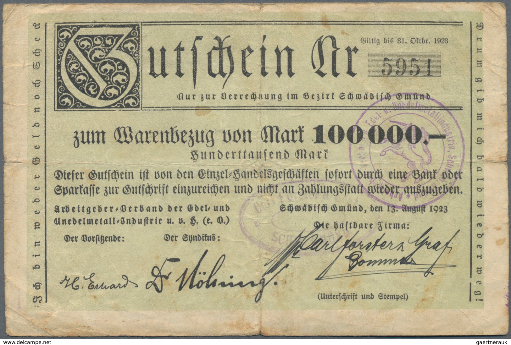 Deutschland - Notgeld - Württemberg: Schwäbisch Gmünd, Arbeitgeber-Verband Der Edel- Und Unedel-Meta - [11] Local Banknote Issues