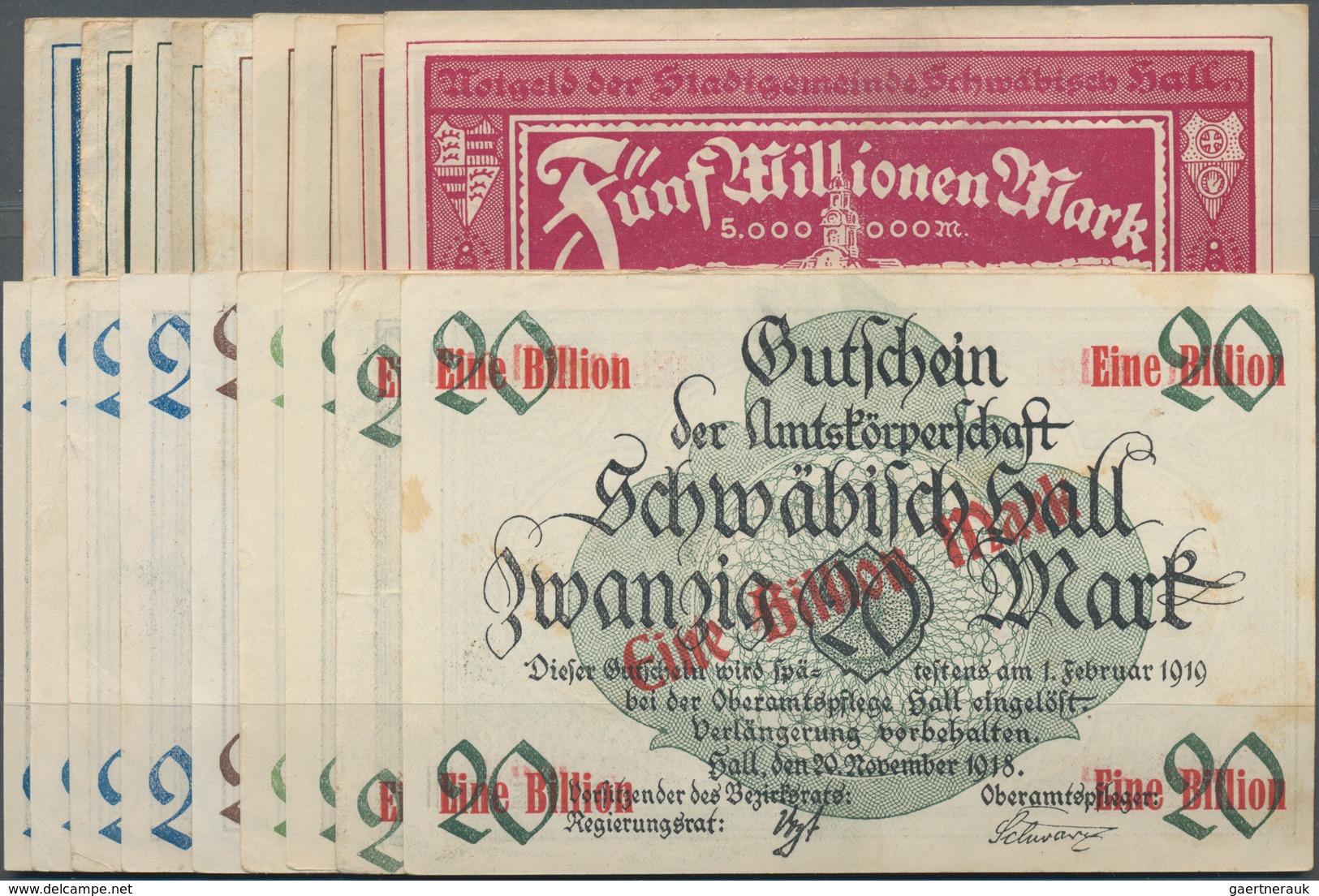 Deutschland - Notgeld - Württemberg: Schwäbisch Hall, Stadt, 100, 500 (3) Tsd., 1 (3), 5 (2) Mio. Ma - [11] Local Banknote Issues