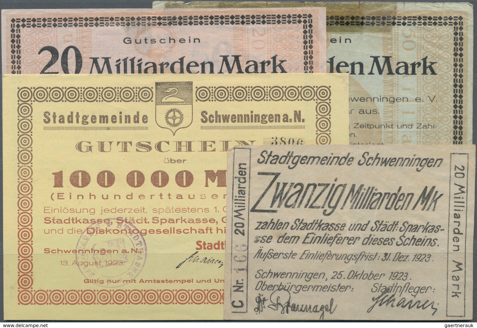 Deutschland - Notgeld - Württemberg: Schwenningen, Stadt, 100 Tsd. Mark, 13.8.1923, Erh. I-, 20 Mrd. - [11] Local Banknote Issues