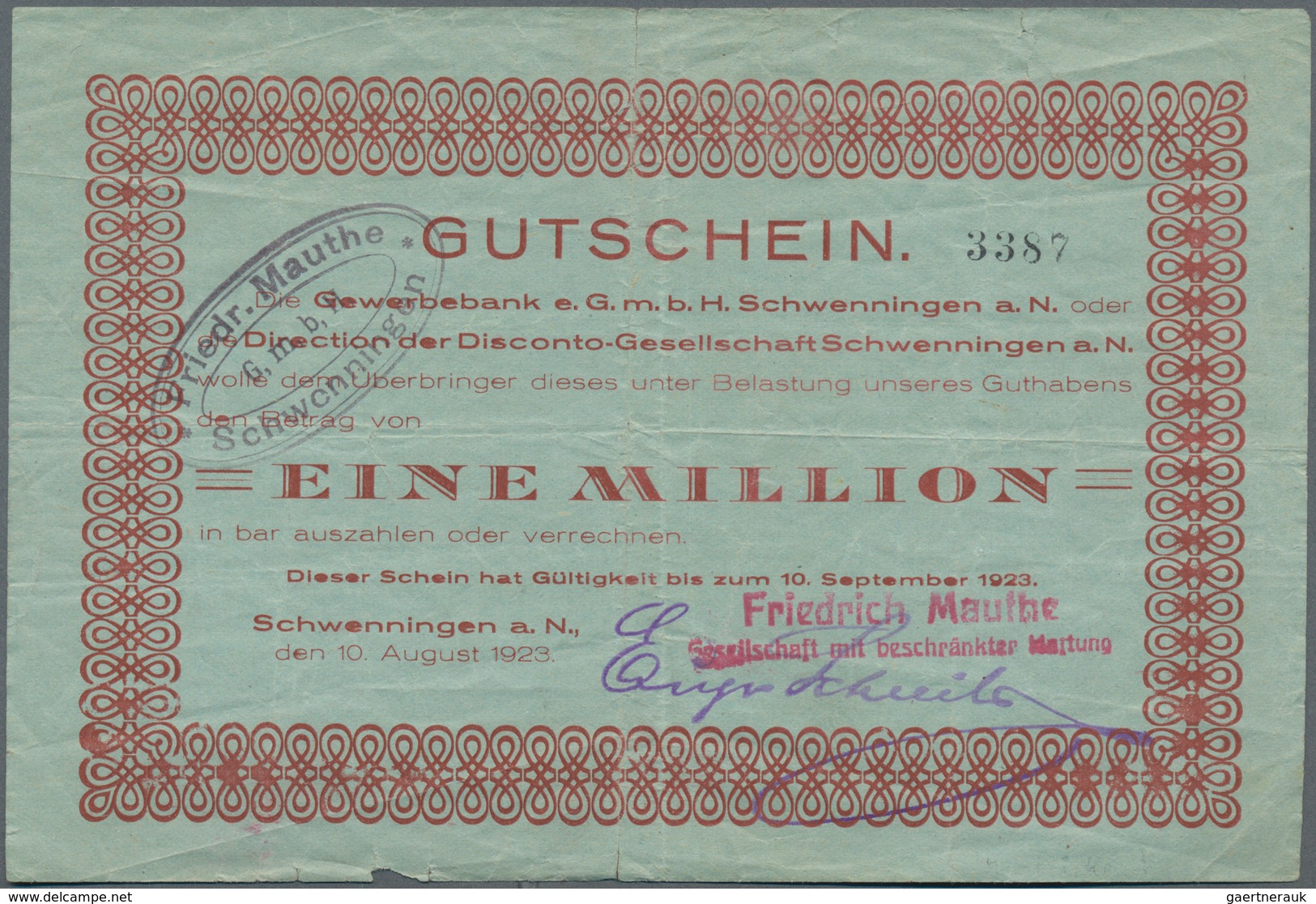 Deutschland - Notgeld - Württemberg: Schwenningen, Gewerbebank Und Disconto-Gesellschaft, 1 Mio. Mar - [11] Local Banknote Issues