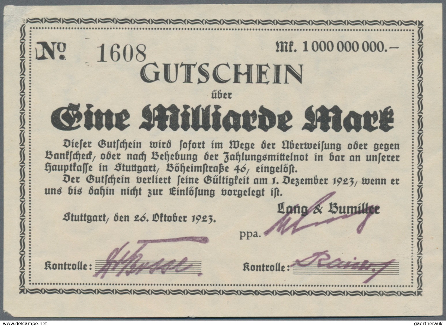 Deutschland - Notgeld - Württemberg: Stuttgart, Lang & Bumiller, 1, 5, 10 Mrd. Mark, Erh. II-III; A. - [11] Local Banknote Issues