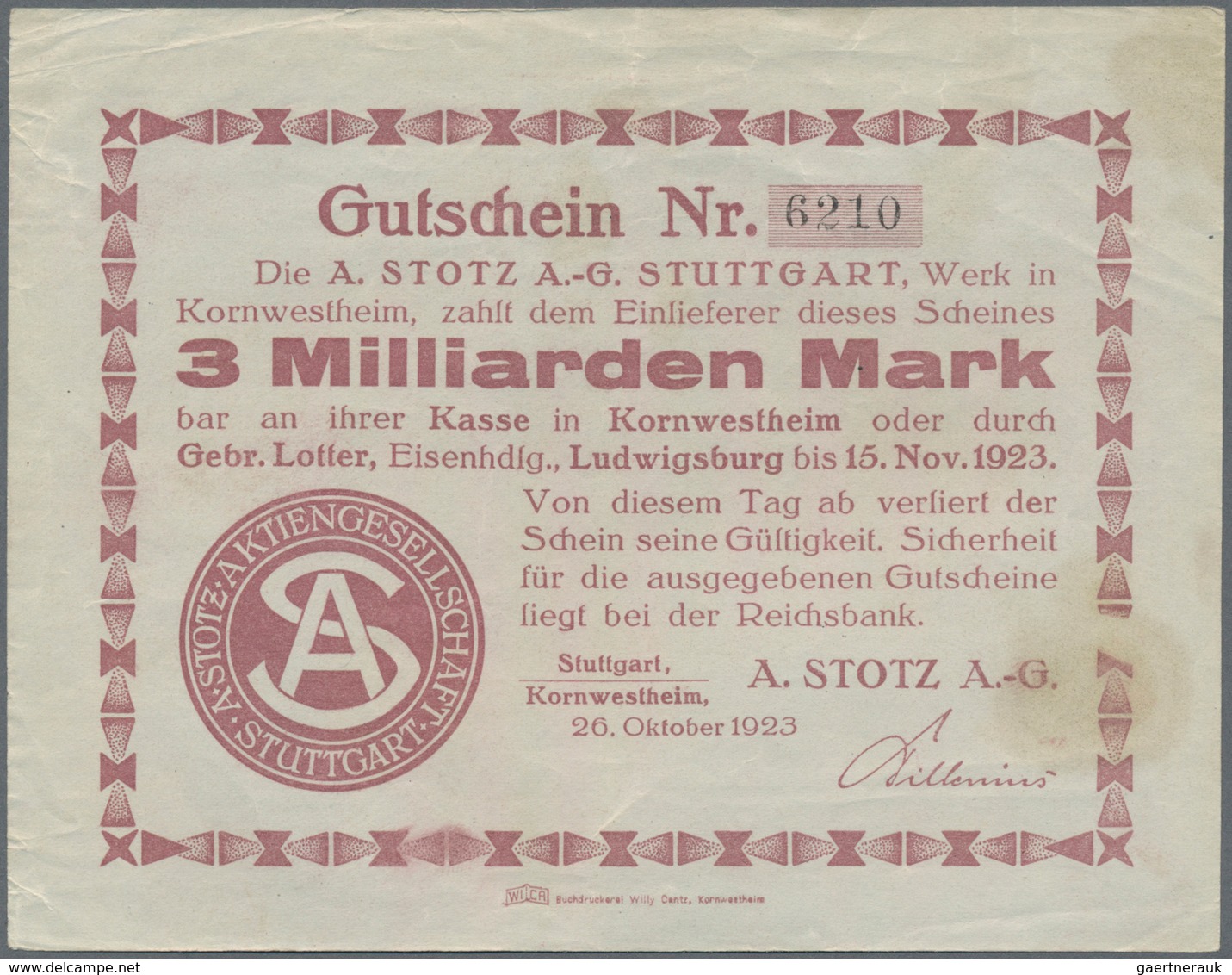 Deutschland - Notgeld - Württemberg: Stuttgart, Lang & Bumiller, 1, 5, 10 Mrd. Mark, Erh. II-III; A.