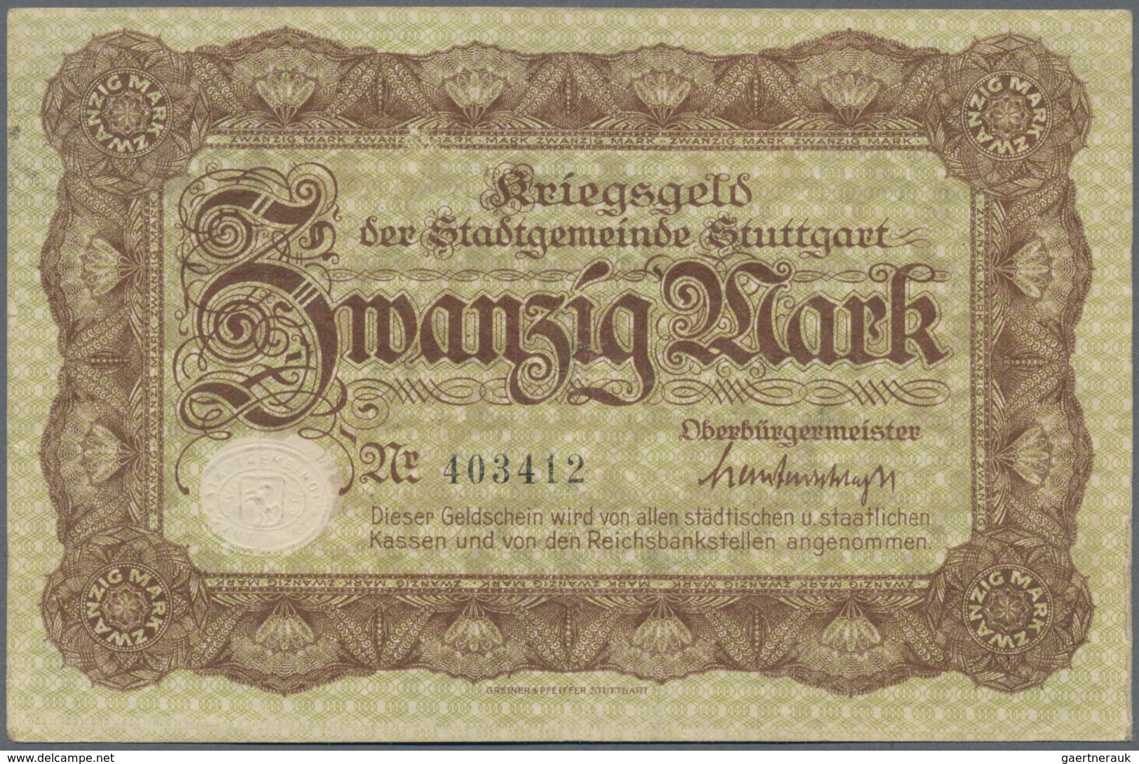 Deutschland - Notgeld - Württemberg: Stuttgart, Stadt, 5 Mark, KN 6-stellig, 20 Mark, KN 6-stellig, - [11] Local Banknote Issues