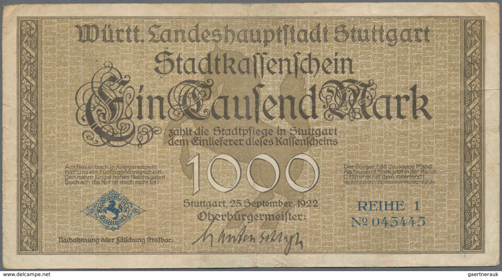 Deutschland - Notgeld - Württemberg: Stuttgart, Stadt, 100 Mark, 1.11.1922, 500 Mark, 25.9.1922, Bra - [11] Local Banknote Issues