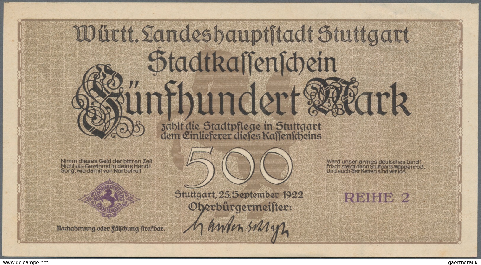 Deutschland - Notgeld - Württemberg: Stuttgart, Stadt, 100 Mark, 1.11.1922, 500 Mark, 25.9.1922, Bra - Lokale Ausgaben