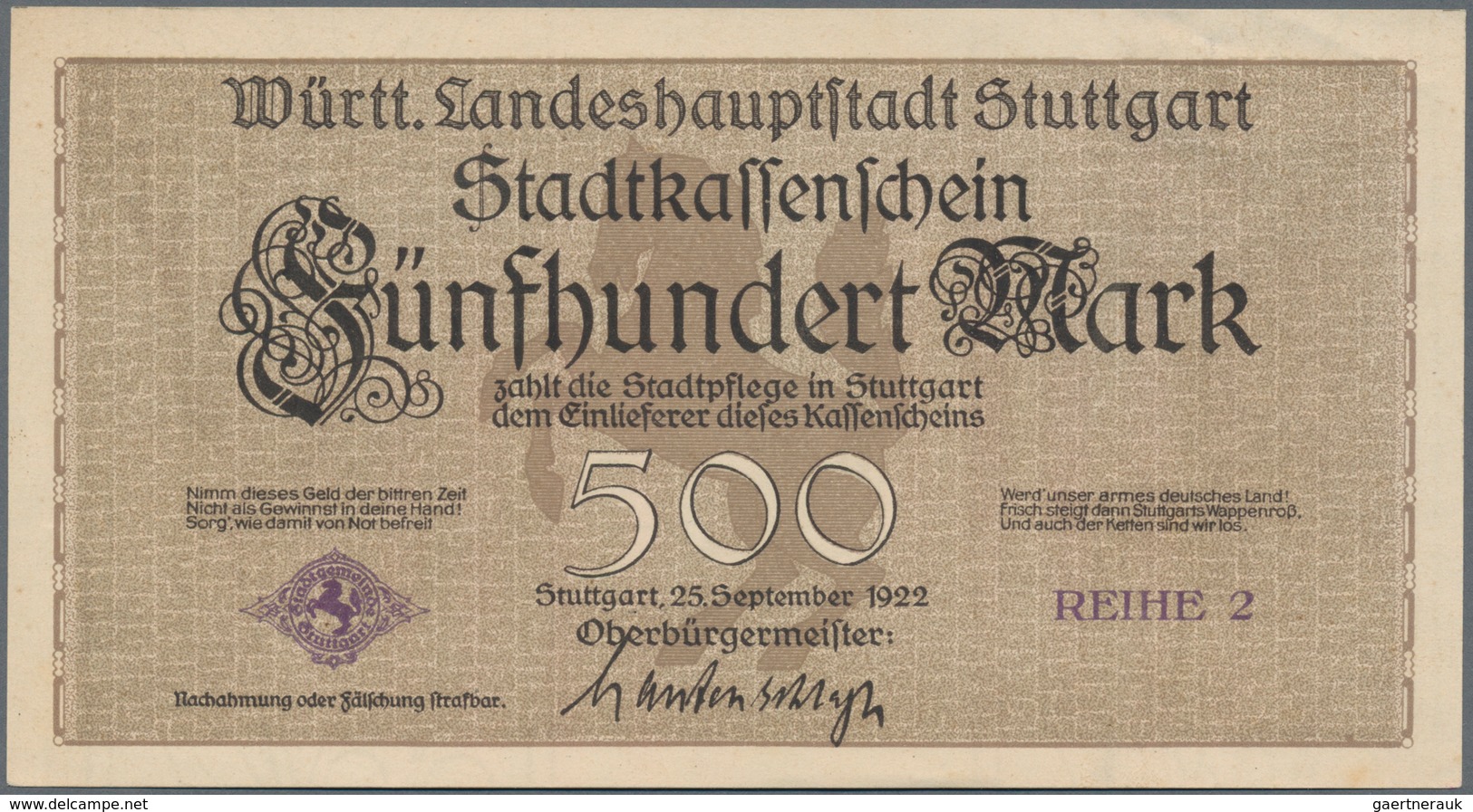 Deutschland - Notgeld - Württemberg: Stuttgart, Stadt, 100 Mark, 1.11.1922, 500 Mark, 25.9.1922, Bra - [11] Local Banknote Issues
