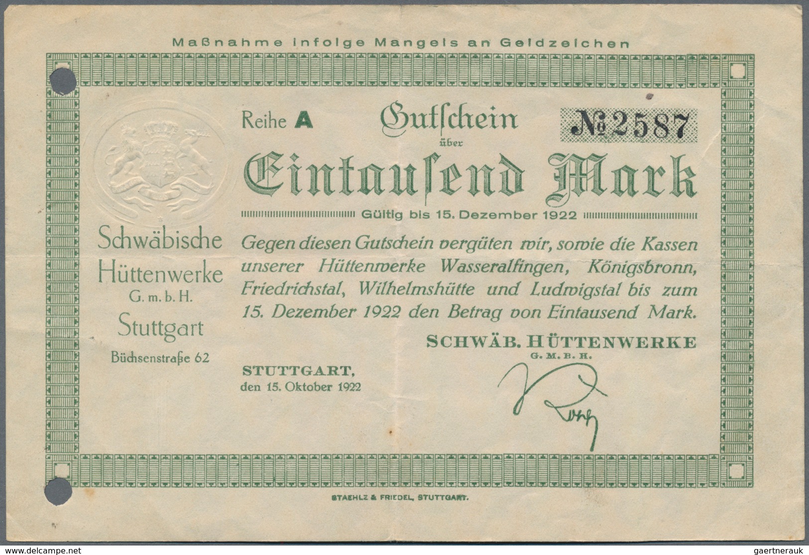 Deutschland - Notgeld - Württemberg: Stuttgart, Schwäb. Hüttenwerke GmbH, 1000 Mark, 15.10.1922, Rei - Lokale Ausgaben
