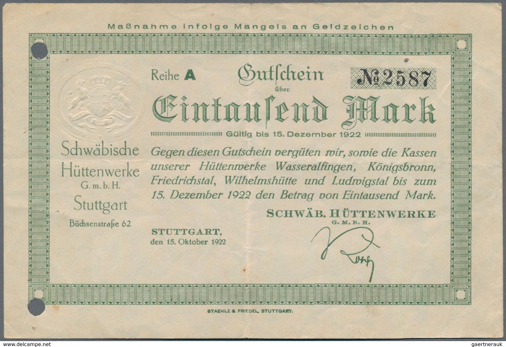 Deutschland - Notgeld - Württemberg: Stuttgart, Schwäb. Hüttenwerke GmbH, 1000 Mark, 15.10.1922, Rei - [11] Local Banknote Issues