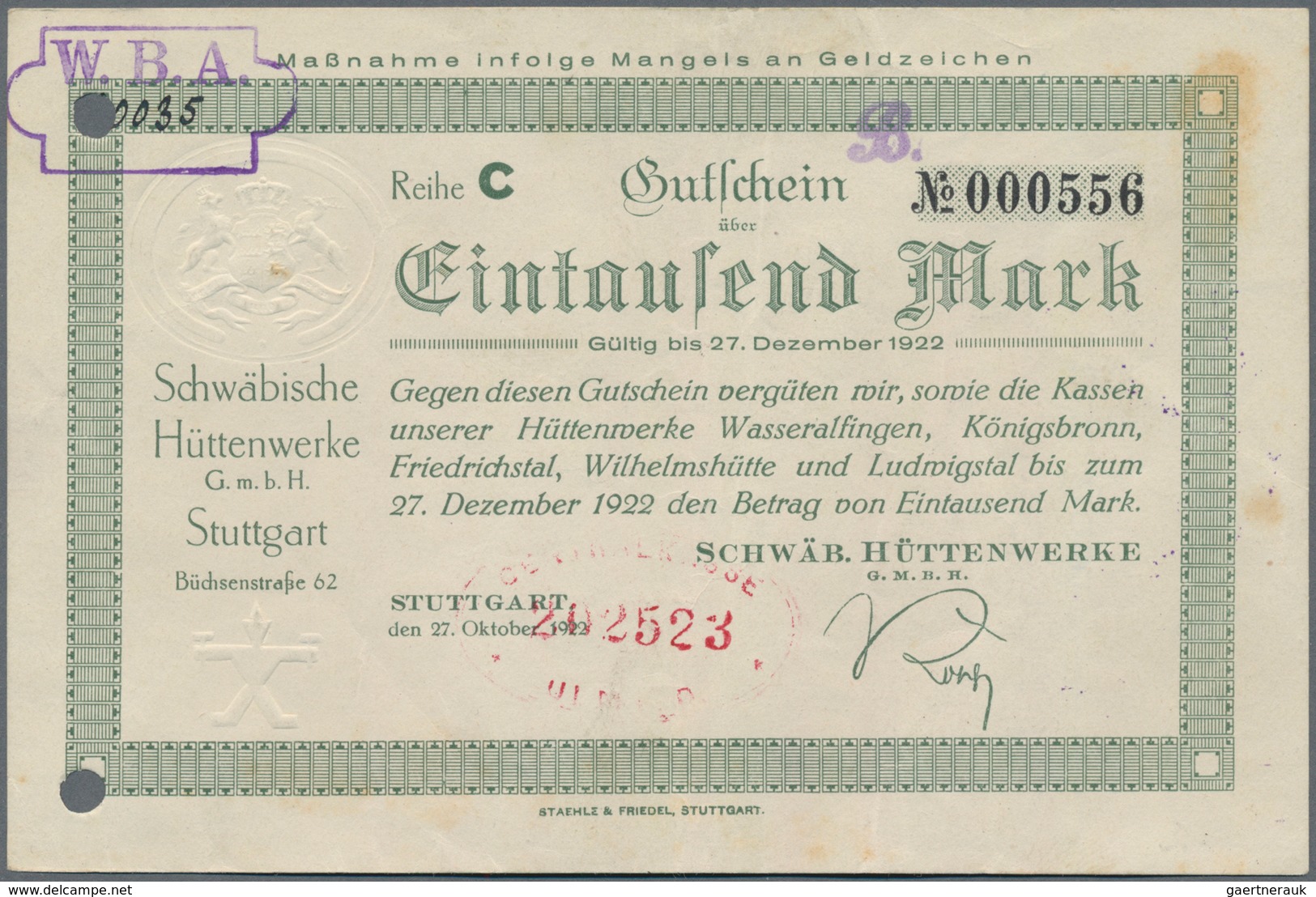 Deutschland - Notgeld - Württemberg: Stuttgart, Schwäb. Hüttenwerke GmbH, 1000 Mark, 15.10.1922, Rei - [11] Local Banknote Issues