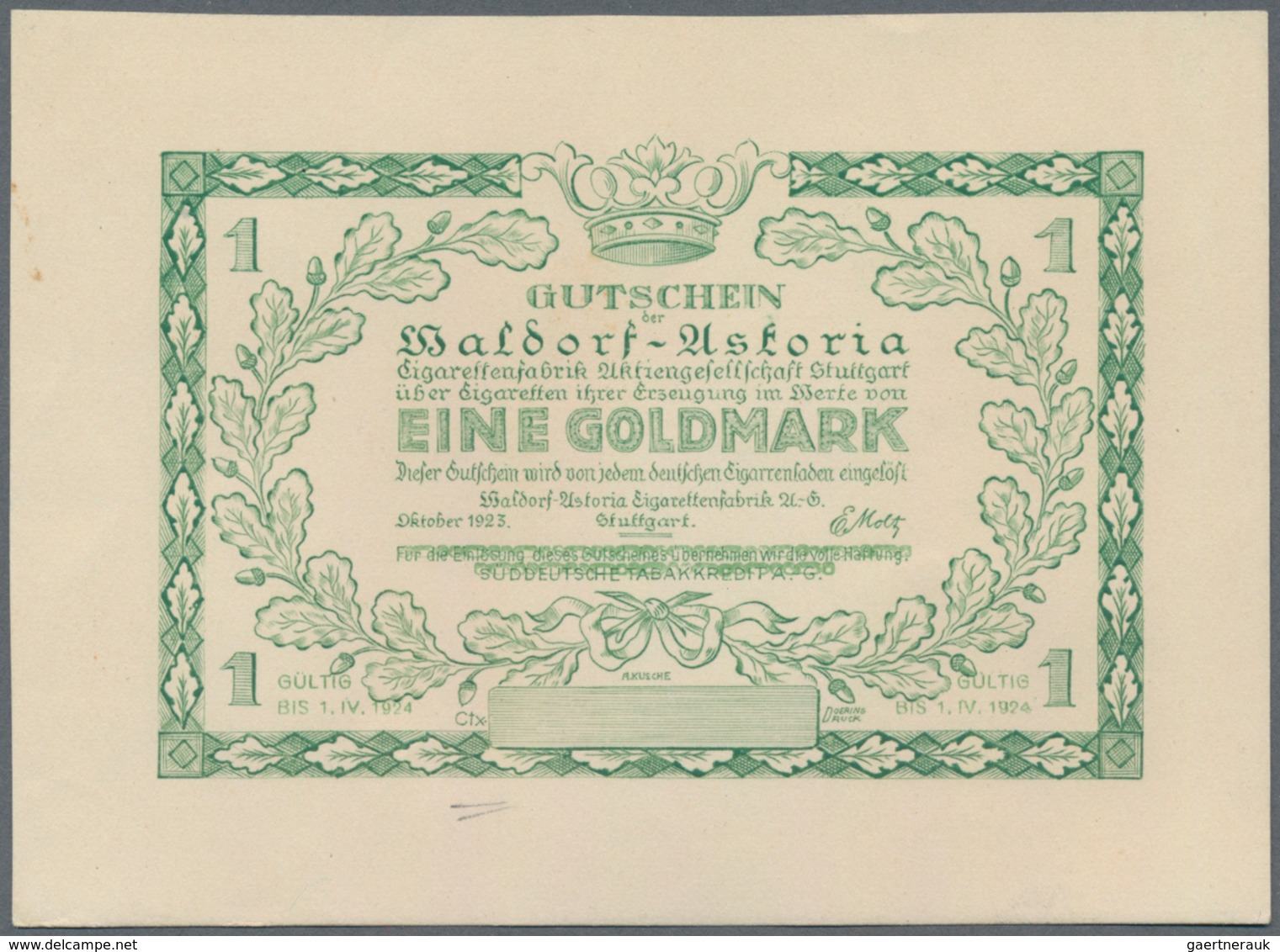 Deutschland - Notgeld - Württemberg: Stuttgart, Waldorf-Astoria-Cigarettenfabrik AG, 1 Goldmark, Okt - [11] Local Banknote Issues