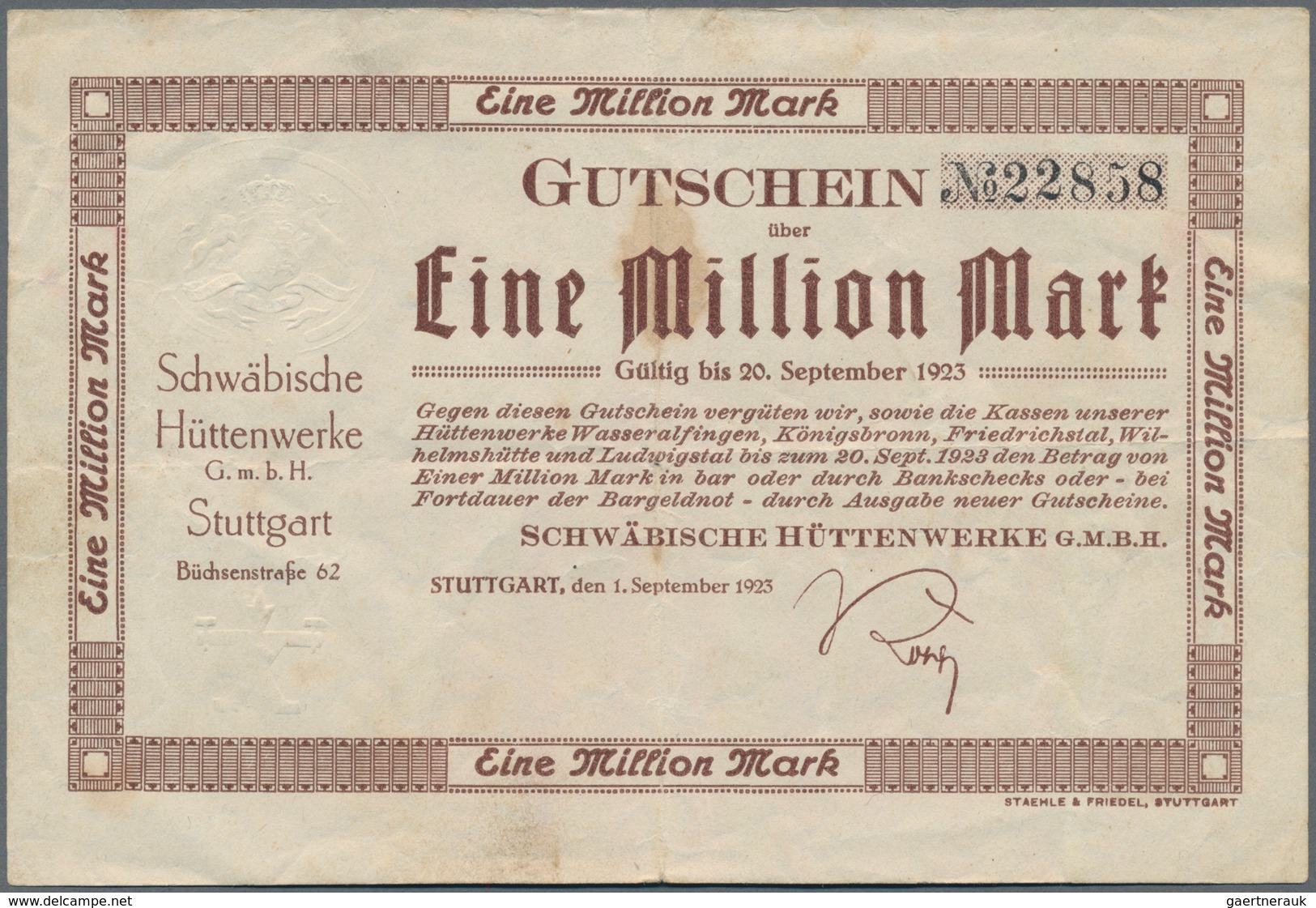 Deutschland - Notgeld - Württemberg: Stuttgart, Schwäb. Hüttenwerke GmbH, 1 Mio. Mark, 1.9.1923, Nic - [11] Local Banknote Issues