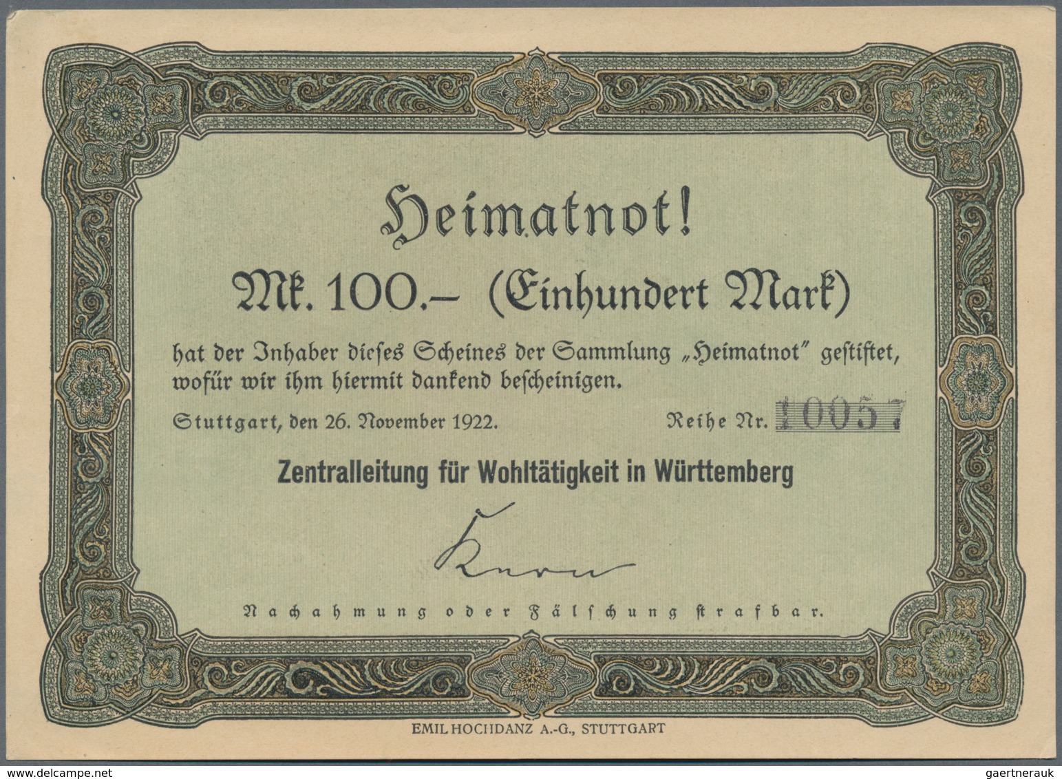 Deutschland - Notgeld - Württemberg: Stuttgart, Zentralleitung Für Wohltätigkeit In Württemberg, 100 - Lokale Ausgaben