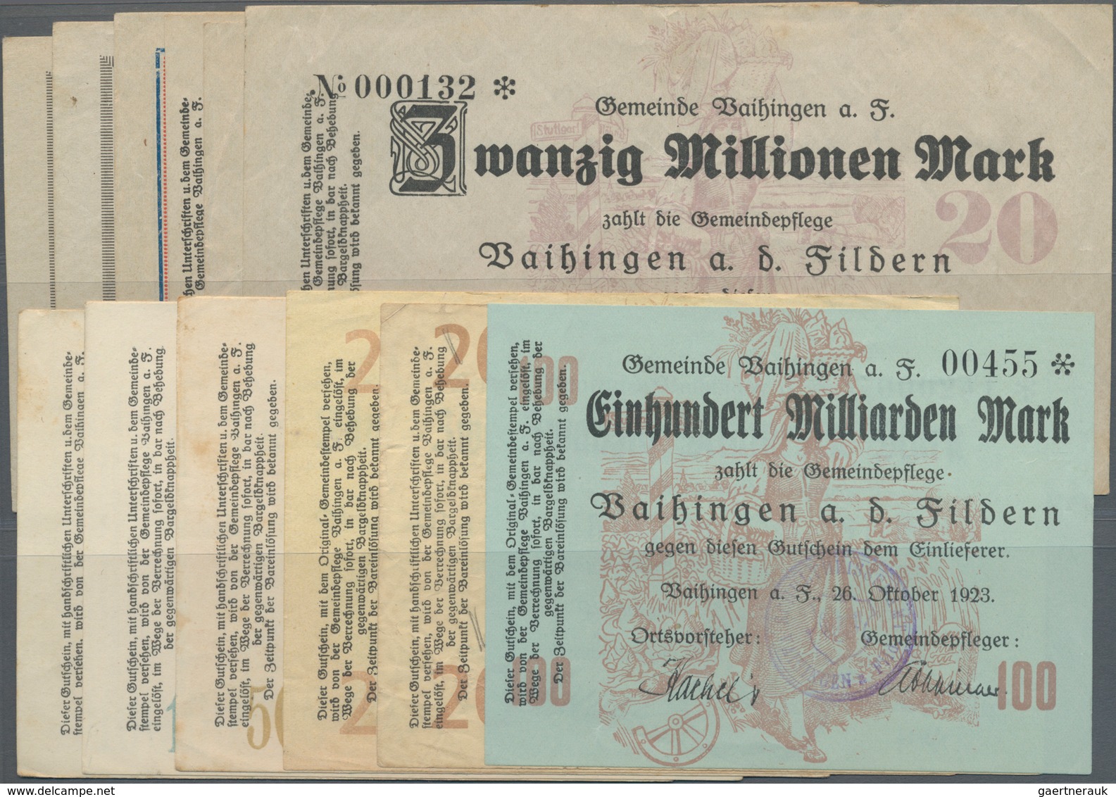 Deutschland - Notgeld - Württemberg: Vaihingen / Fildern, 500 Tsd., 1 Mio. Mark, 23.8.1923; 5 Mio. M - Lokale Ausgaben