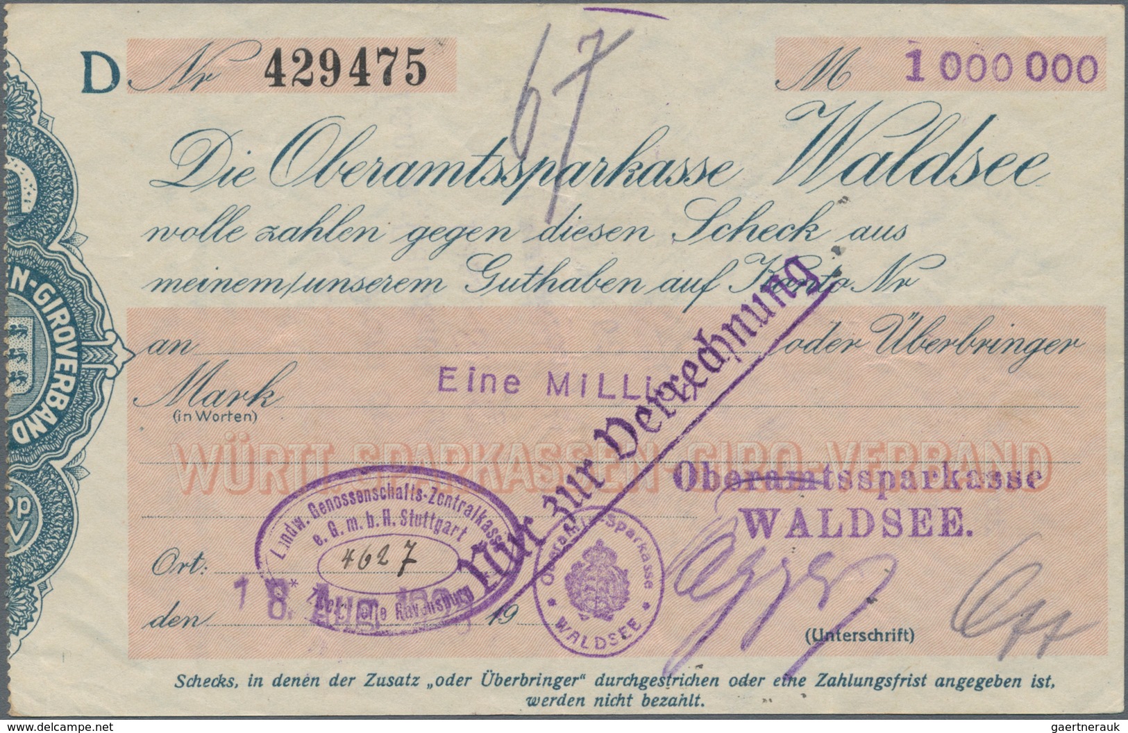 Deutschland - Notgeld - Württemberg: Waldsee, Oberamtssparkasse, 50 Tsd. Mark, E, O. D. (so Nicht Be - [11] Local Banknote Issues