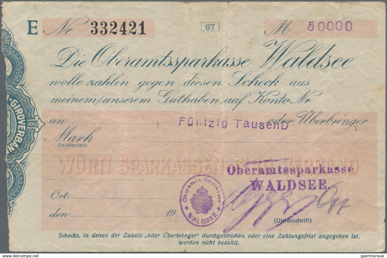 Deutschland - Notgeld - Württemberg: Waldsee, Oberamtssparkasse, 50 Tsd. Mark, E, O. D. (so Nicht Be - [11] Local Banknote Issues