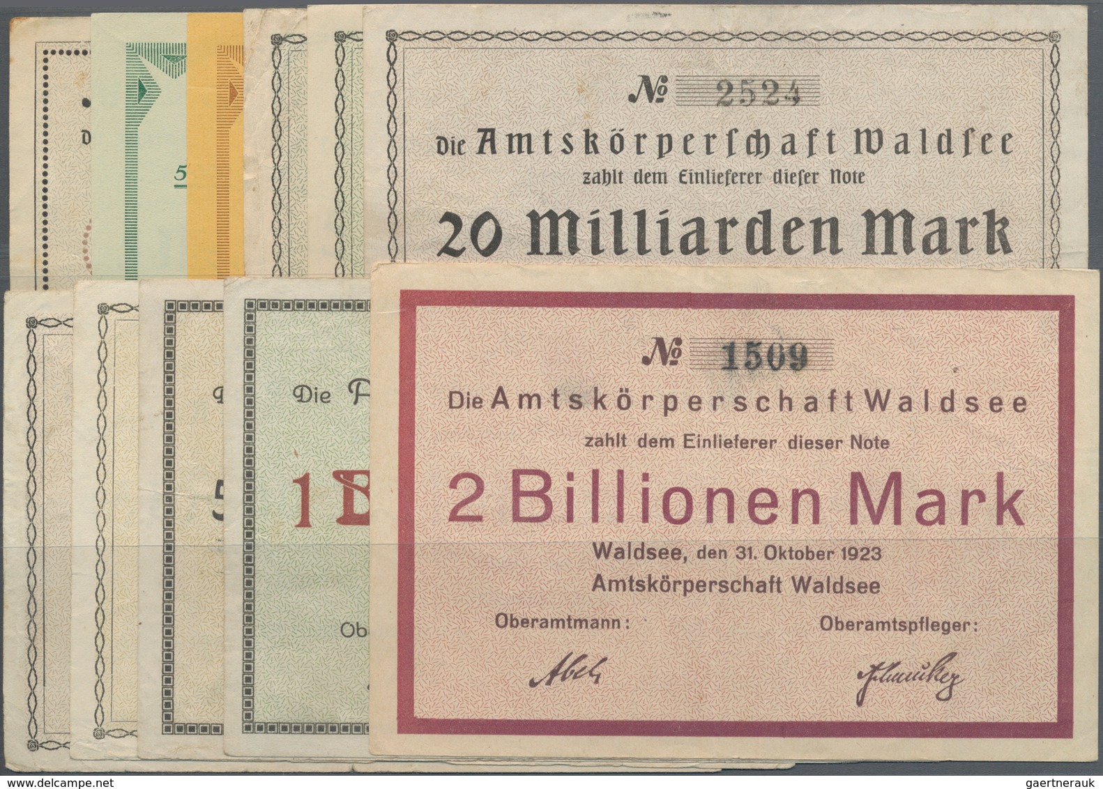 Deutschland - Notgeld - Württemberg: Waldsee, Amtskörperschaft, 5, 10, 20, 50, 100, 500 Mrd., 1 Bill - Lokale Ausgaben