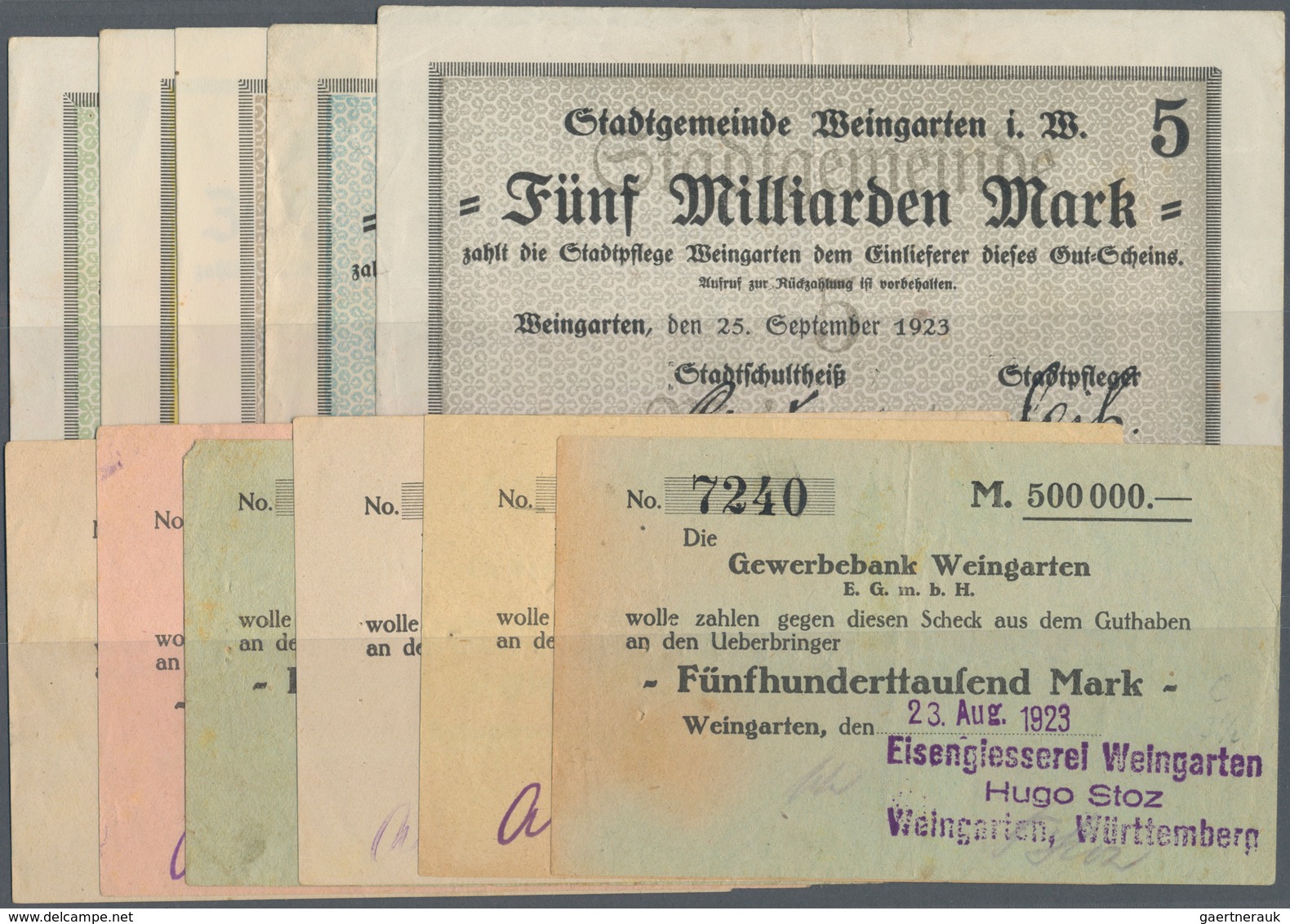 Deutschland - Notgeld - Württemberg: Weingarten, Stadt, 10, 20, 50 Mio., 1, 5 Mrd. Mark, 25.9.1923; - Lokale Ausgaben