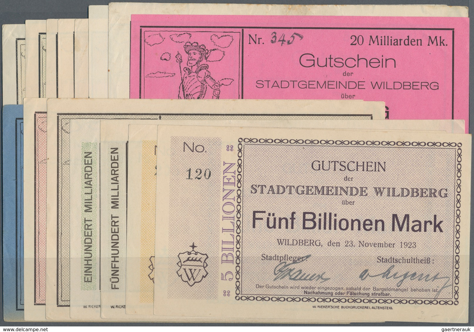 Deutschland - Notgeld - Württemberg: Wildberg, Stadtgemeinde, 5, 10, 20, 50, 100 Mio. Mark, 1.10.192 - [11] Emissions Locales