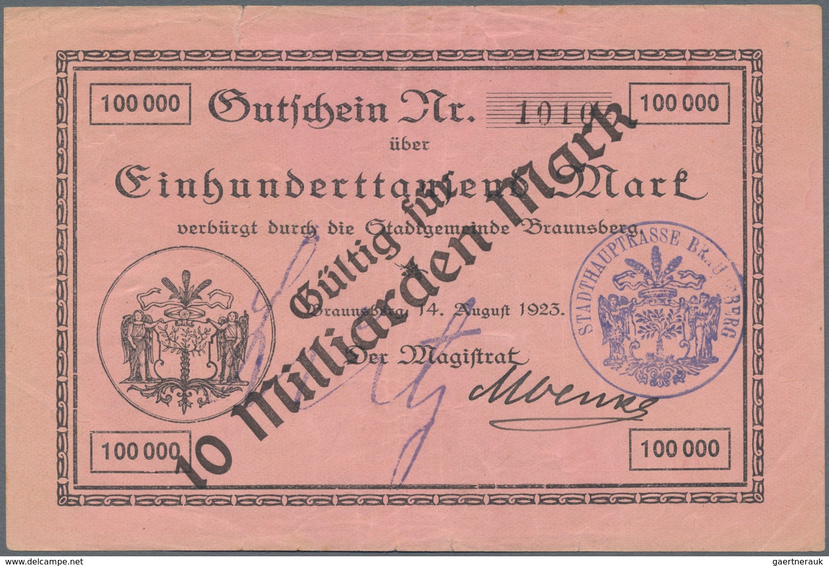 Deutschland - Notgeld - Ehemalige Ostgebiete: Braunsberg, Ostpreußen, Magistrat, 5, 10 Mrd. Mark, O. - Sonstige & Ohne Zuordnung