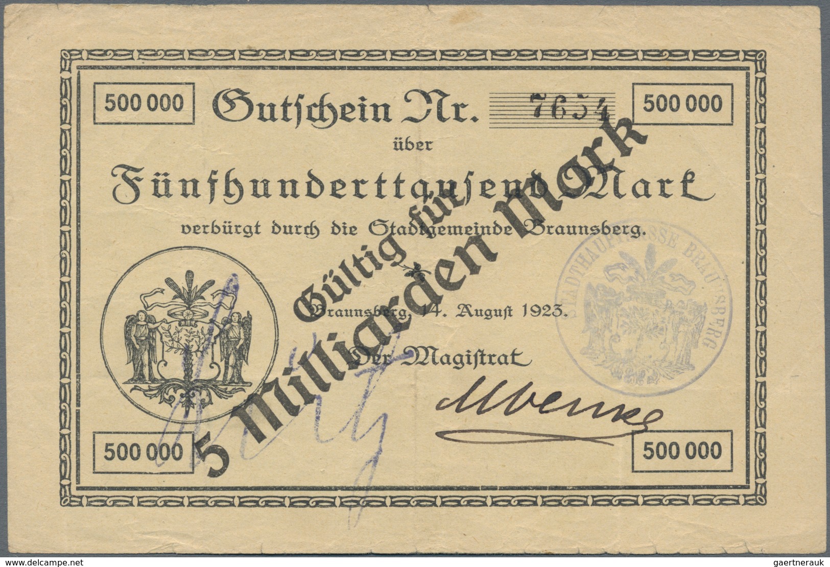 Deutschland - Notgeld - Ehemalige Ostgebiete: Braunsberg, Ostpreußen, Magistrat, 5, 10 Mrd. Mark, O. - Autres & Non Classés