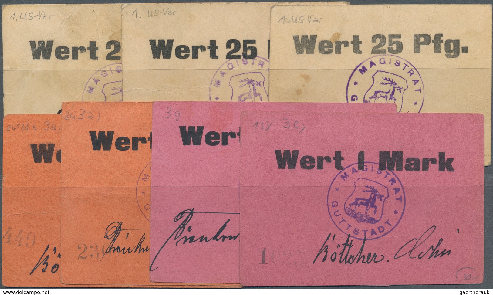 Deutschland - Notgeld - Ehemalige Ostgebiete: Guttstadt, Ostpreußen, Magistrat, 25 Pf. (3),1 Mark (4 - Autres & Non Classés