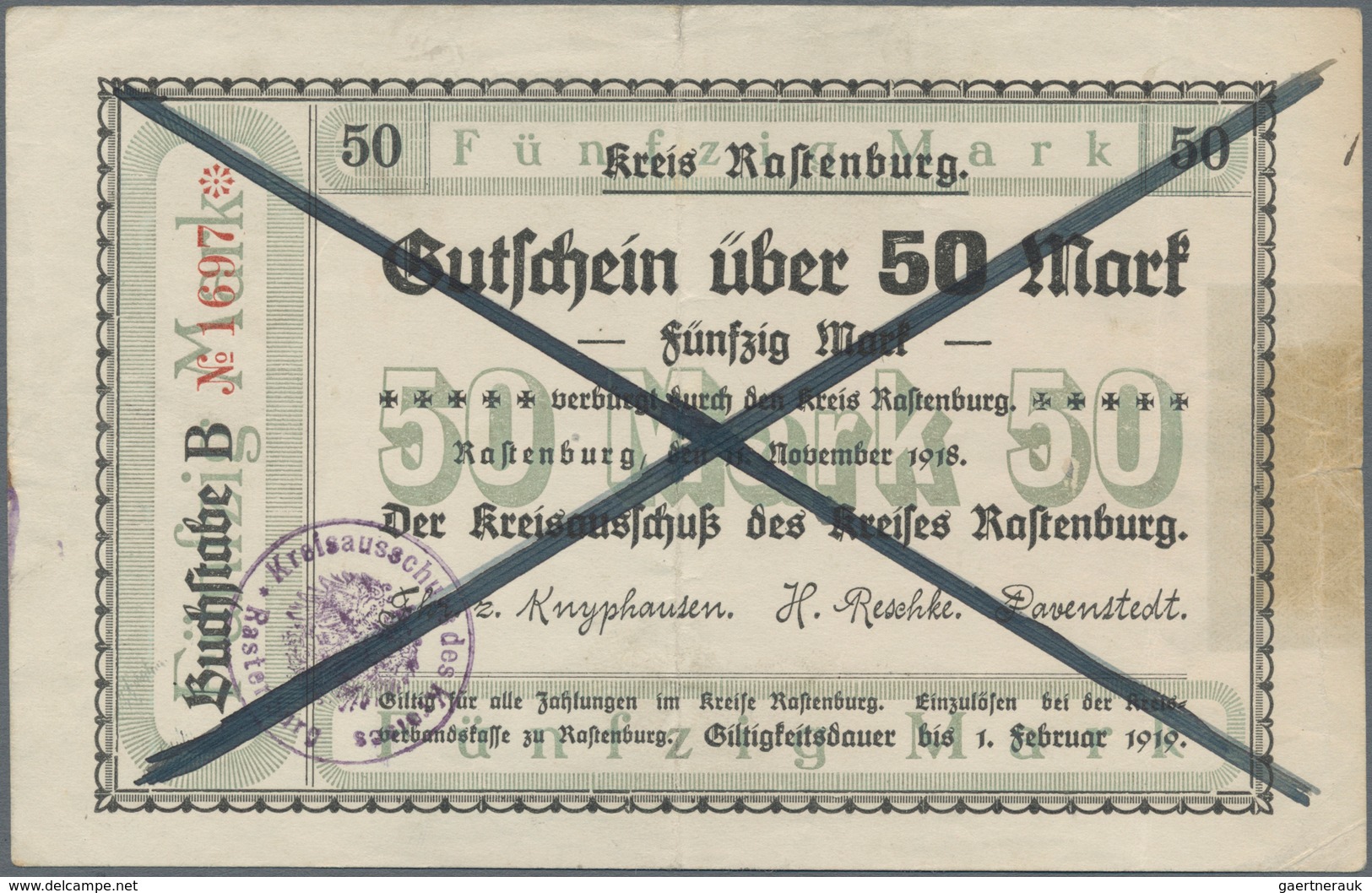 Deutschland - Notgeld - Ehemalige Ostgebiete: Rastenburg, Ostpreußen, Kreis, 20, 50 Mark, 11.11.1918 - Autres & Non Classés