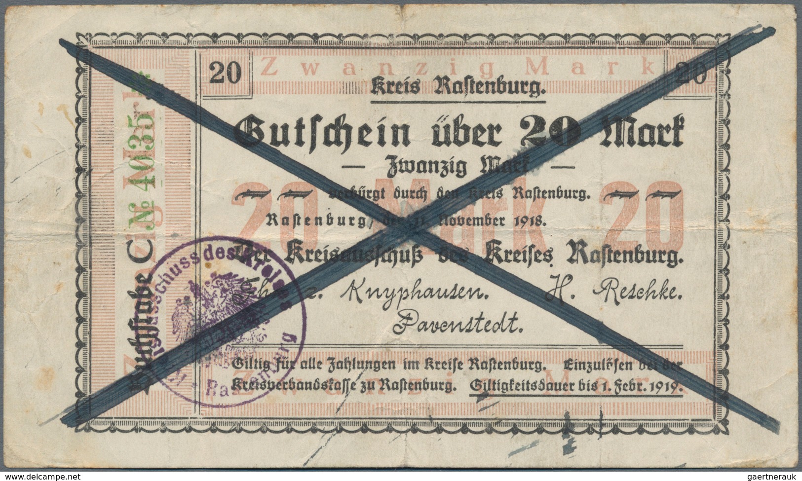 Deutschland - Notgeld - Ehemalige Ostgebiete: Rastenburg, Ostpreußen, Kreis, 20, 50 Mark, 11.11.1918 - Sonstige & Ohne Zuordnung