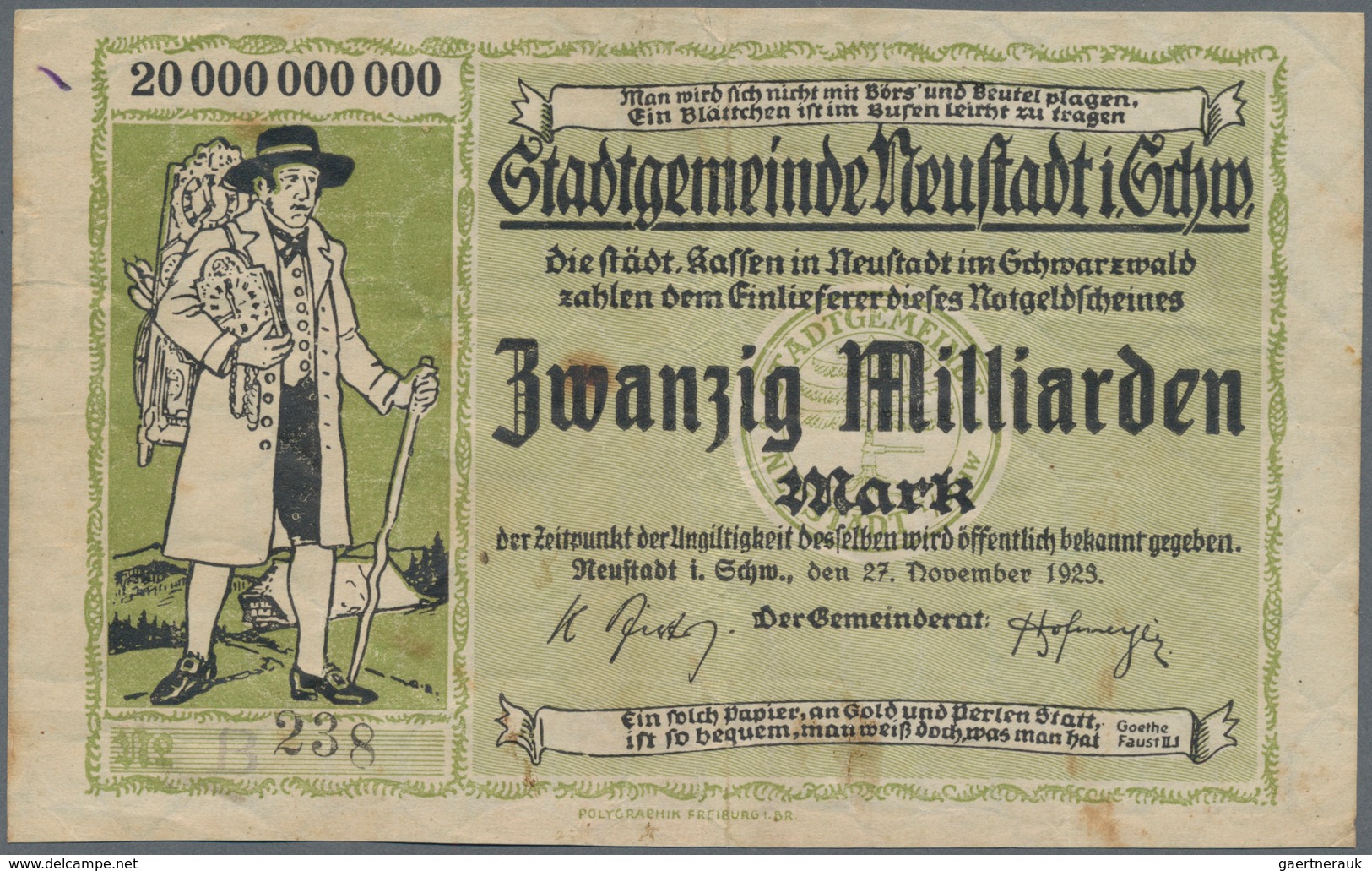 Deutschland - Notgeld - Baden: Südbaden, Ettenheim, 5 Untersch. Milliardenscheine; Furtwangen, 5 Mar - Lokale Ausgaben