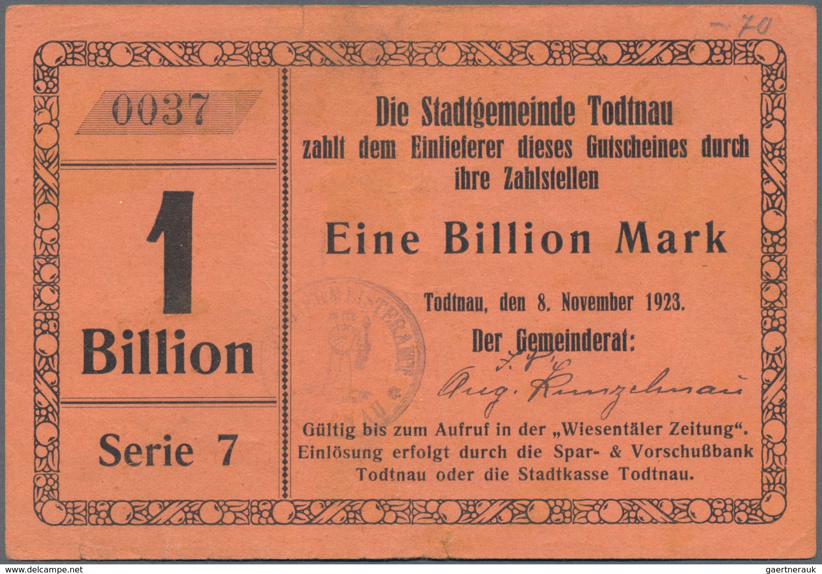 Deutschland - Notgeld - Baden: Südbaden, Ettenheim, 5 Untersch. Milliardenscheine; Furtwangen, 5 Mar - Lokale Ausgaben