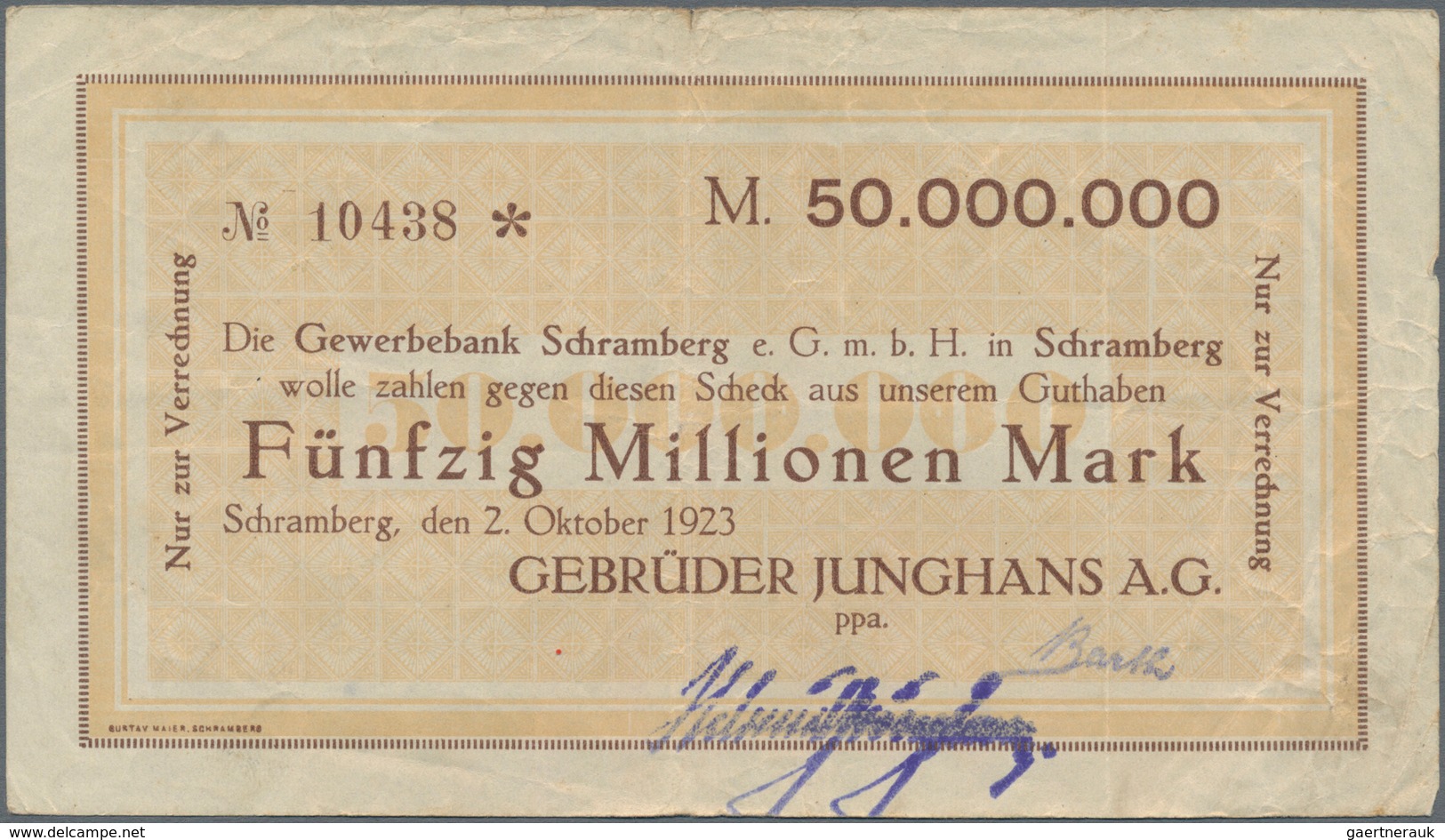 Deutschland - Notgeld - Württemberg: Schramberg, Gebrüder Junghans A.G., 100 Tsd. Mark, 21.8.1923 (D - Lokale Ausgaben