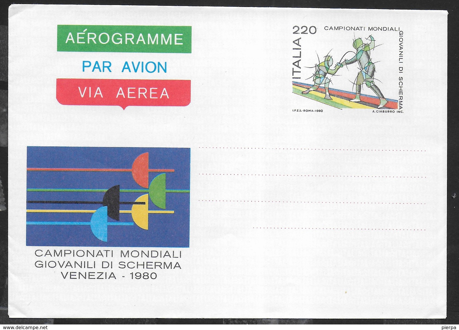 ITALIA - AEROGRAMMA - CAMPIONATI MONDIALI SCHERMA 1980 (INT. 12) - NUOVO - Interi Postali