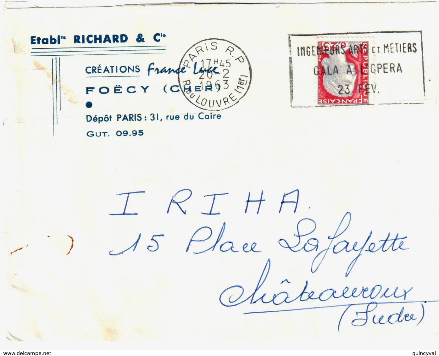 PARIS Lettre Entête RICHARD Créations France Luce FOECY Cher Ob Meca 1963 Gala Opera Ing Arts Et Métiers Decaris Yv 1263 - Covers & Documents