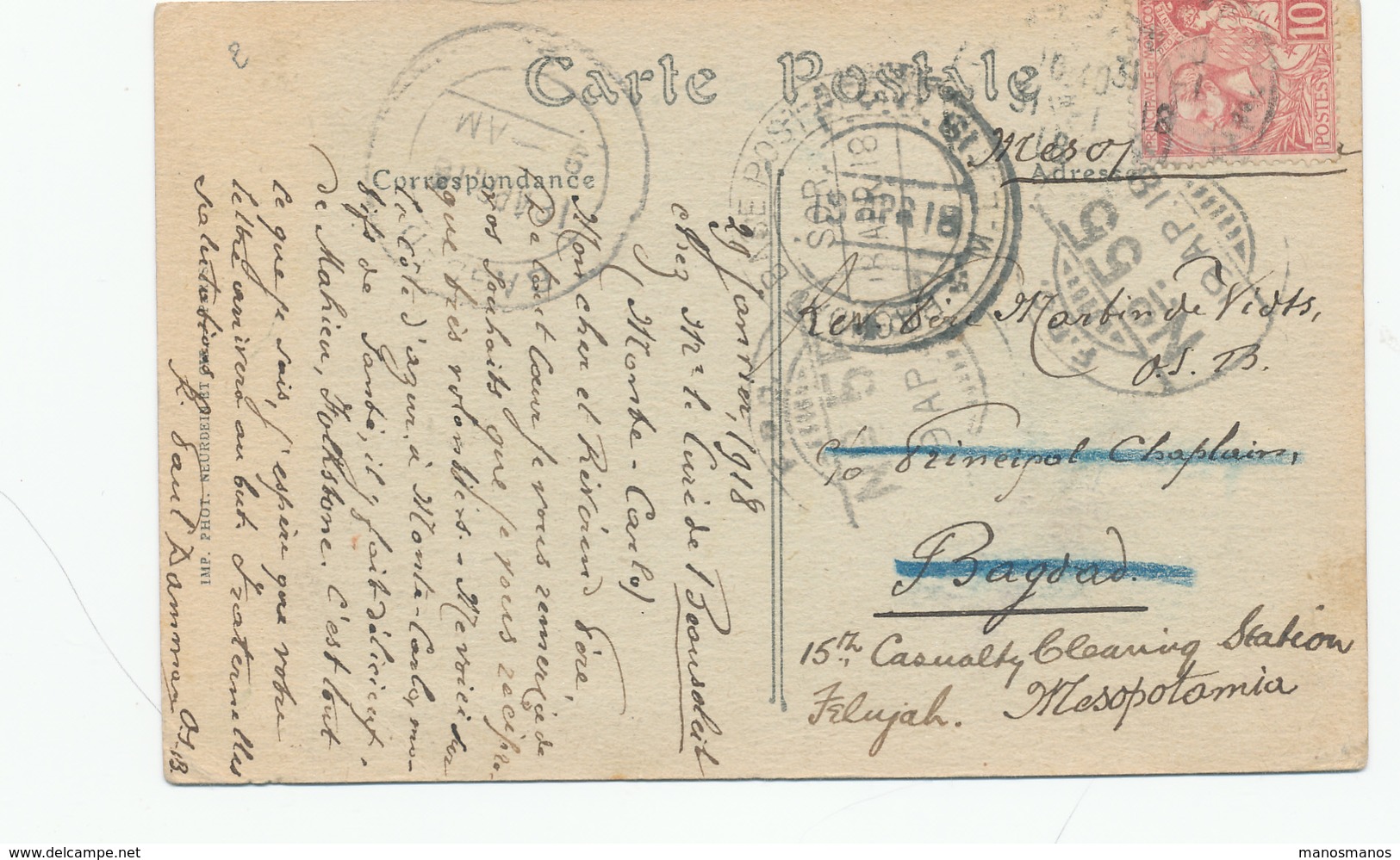 853/30 - Carte-Vue TP Monaco 1918 Vers BAGDAD - Transferts Via Base Et Field Post Offices Vers FALUJAH - Covers & Documents