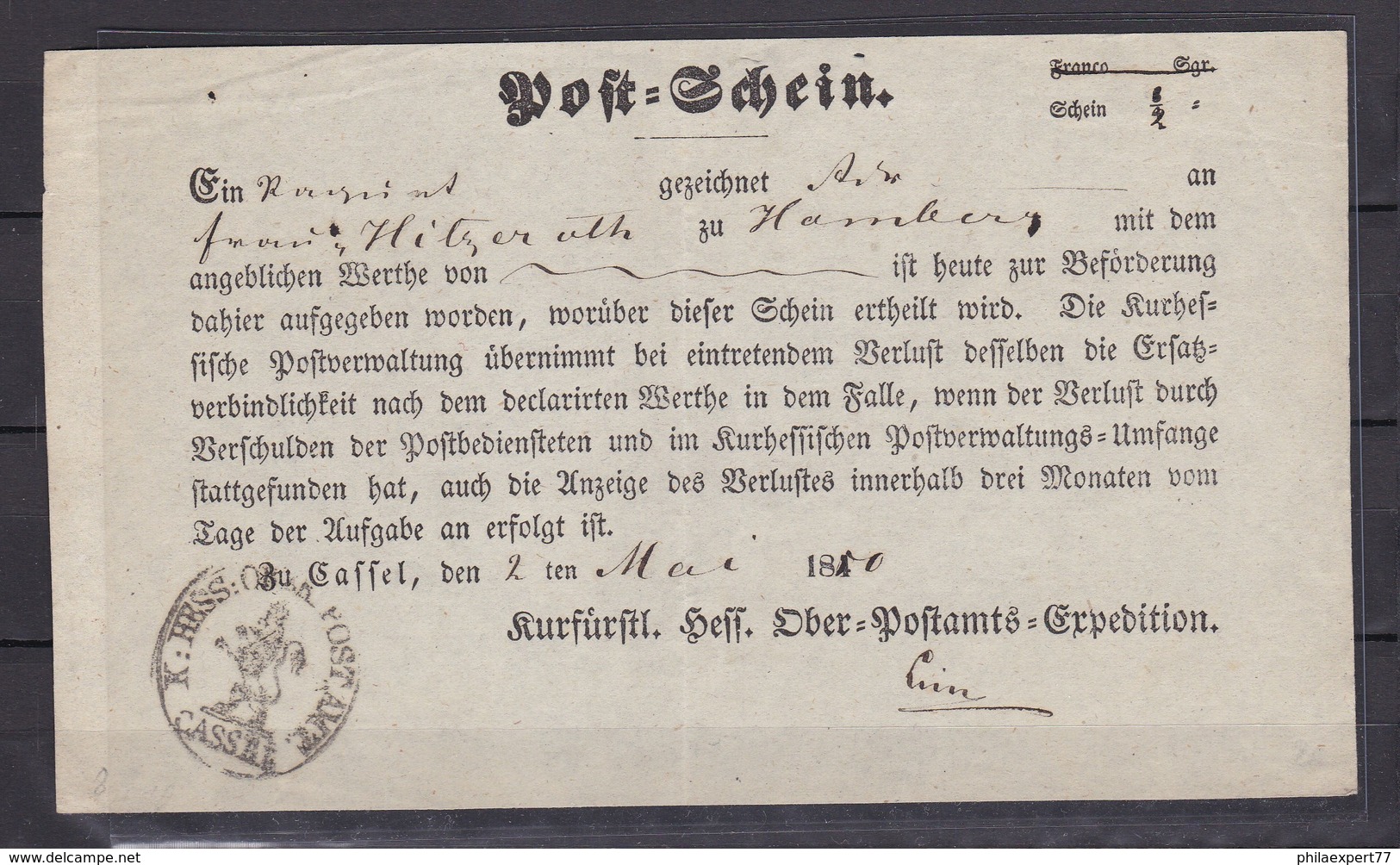 Thurn Und Taxis - 1850 - Vorph. Postschein - Ortsdruck  - Cassel - Préphilatélie