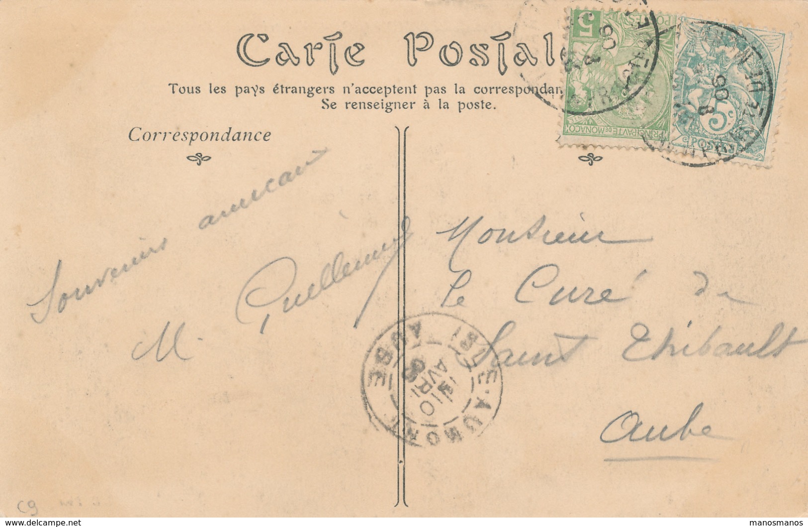 856/30 - Carte-Vue TP MIXTE France Blanc 5 C Et Monaco 5 C  MONTE-CARLO 1906 Vers ST THIBAULT Aube France - Covers & Documents