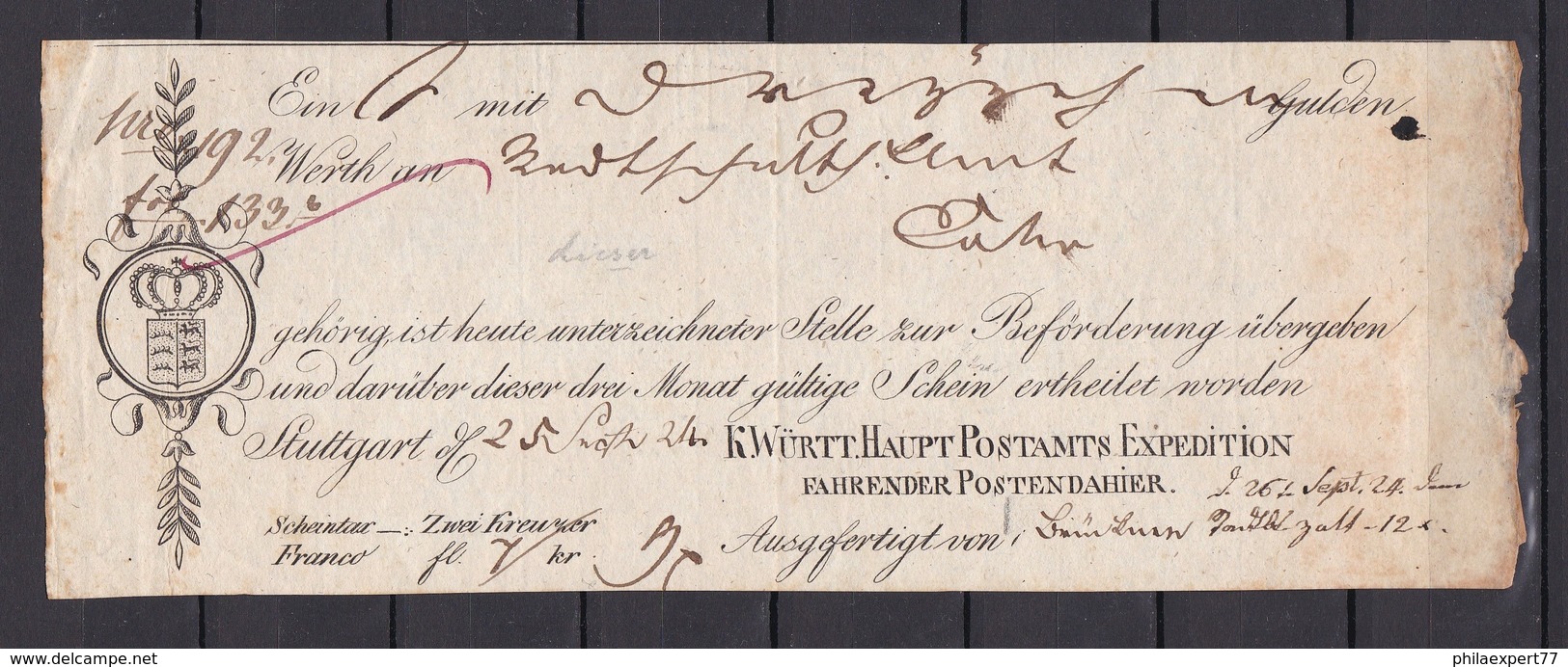 Wuerttemberg - 1824 -  Vorph. Postschein - Stuttgart - Ortsdruck - Weidlich Nr. W20 - Préphilatélie