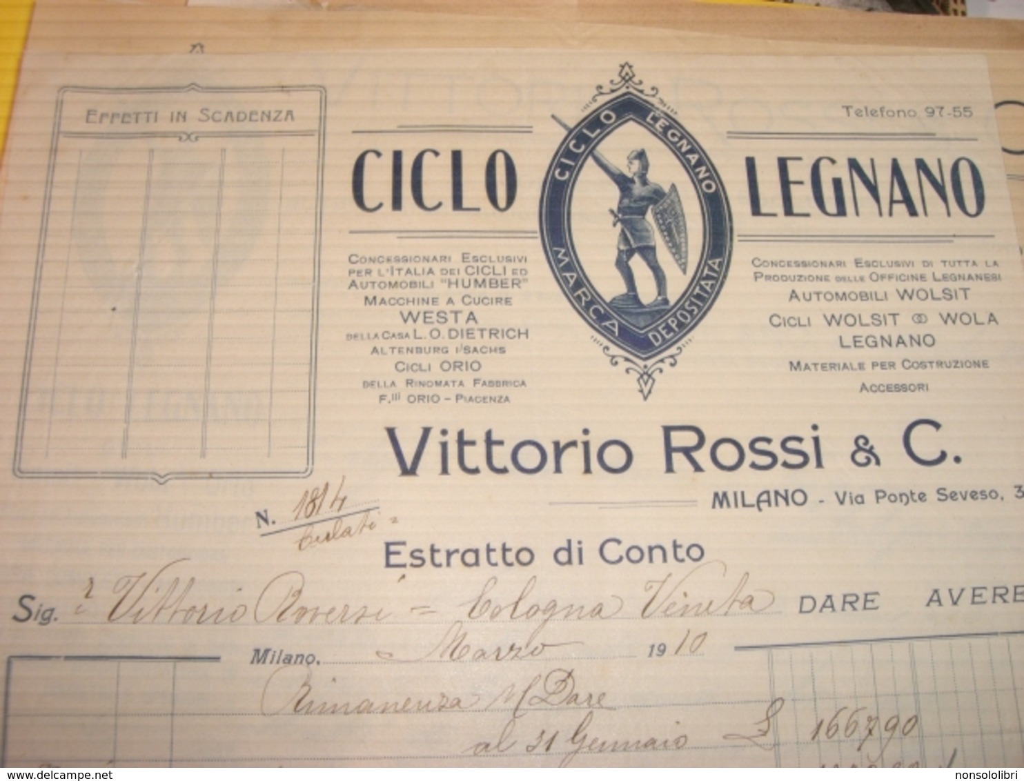 FATTURA  DITTA VITTORIO ROSSI & C.CICLO LEGNANO 1910 - Italia