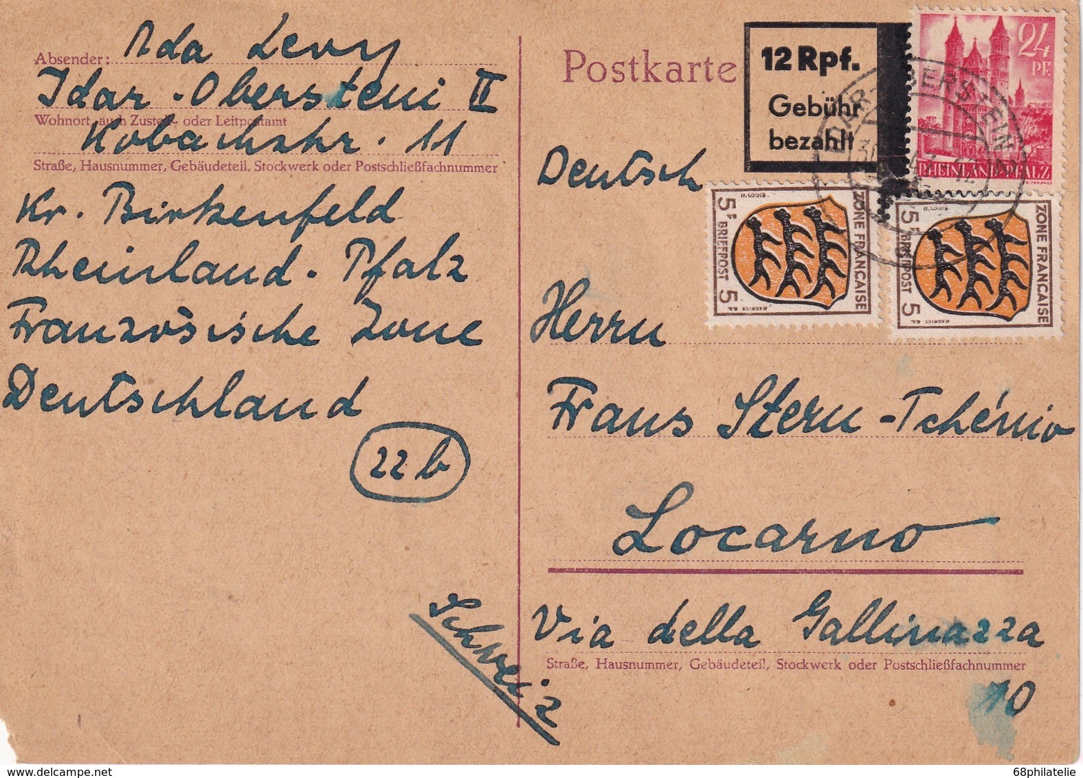 ALLEMAGNE 1947  ZONE FRANCAISE . ENTIER POSTAL  /GANZSACHE/POSTAL STATIONERY CARTE DE IDAR-OBERSTEIN - Otros & Sin Clasificación