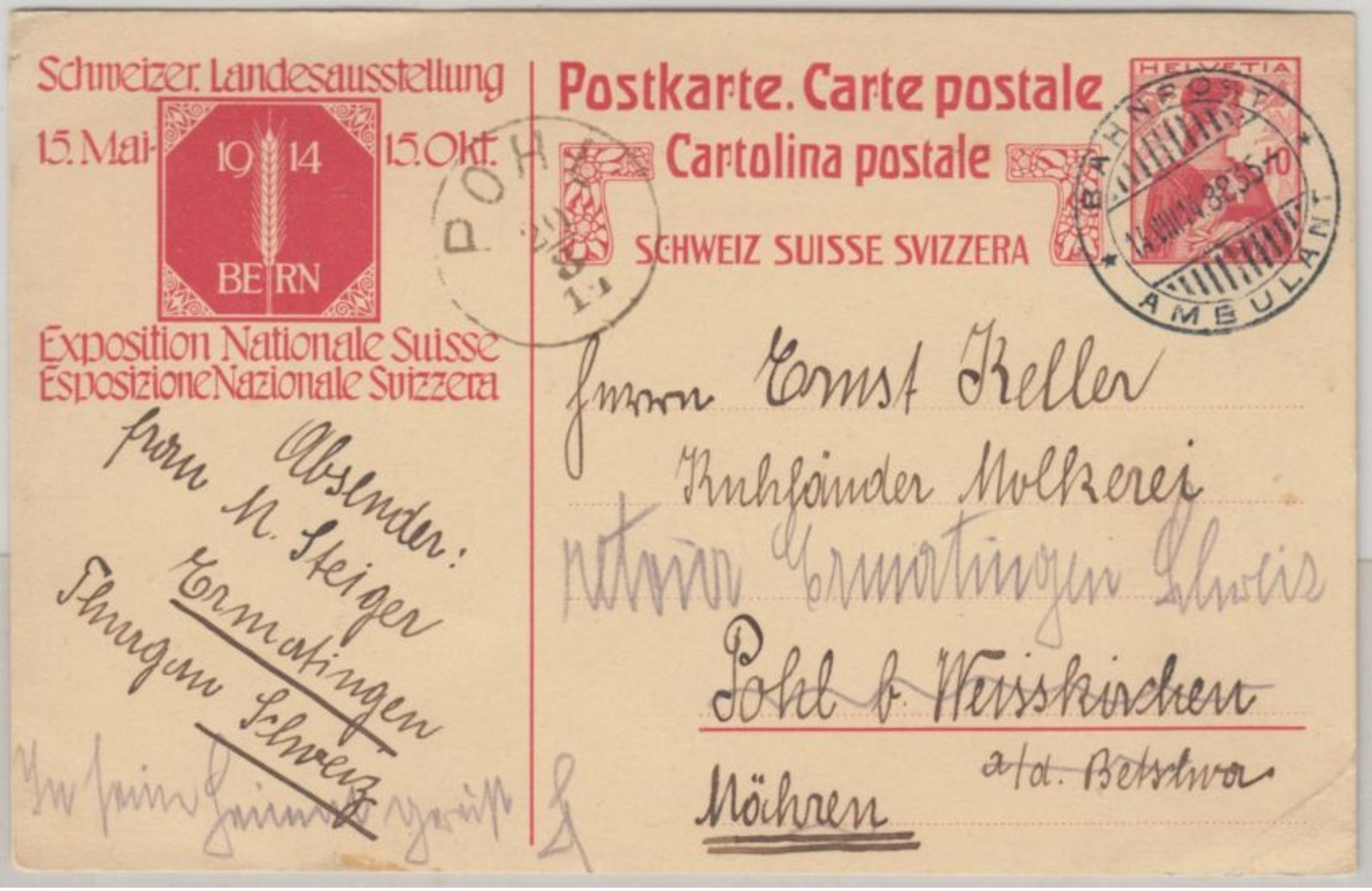 Schweiz - 10 Rp. Helvetia Ganzsache Landesausst. Bahnpost Ambulant 8834  - 1914 - Stamped Stationery