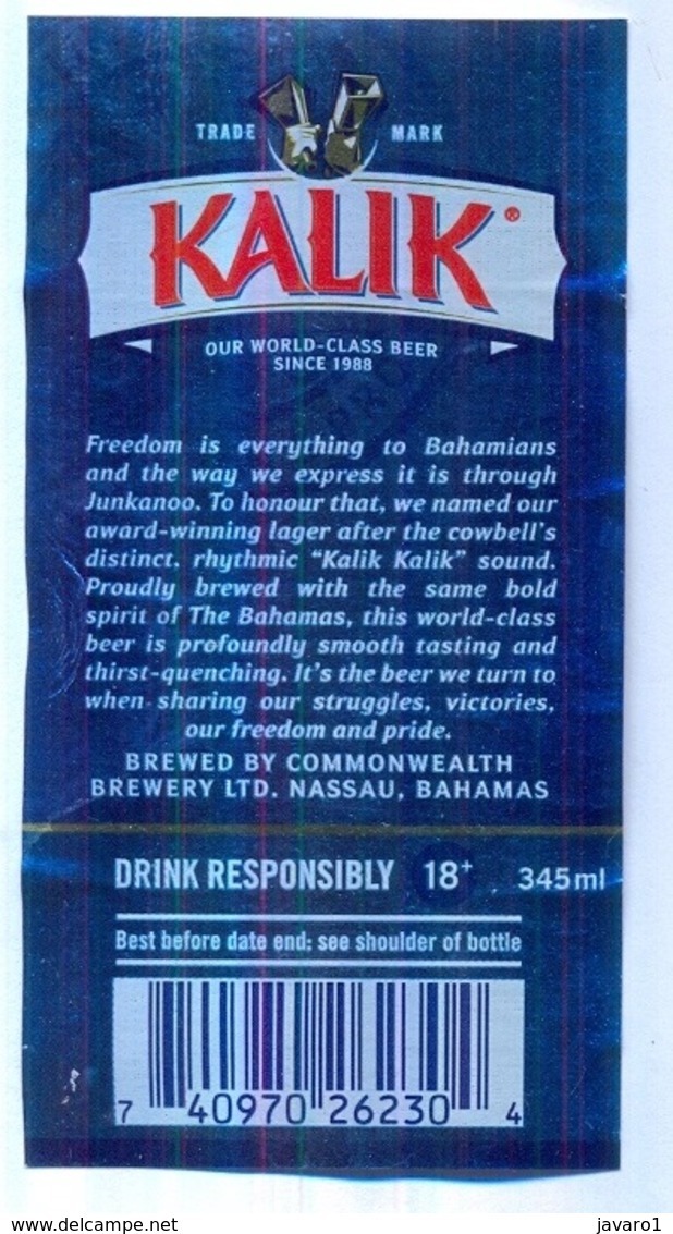 BAHAMAS : KALIK Beer PRODIGAL SONSs (+top And Back Label) - Beer