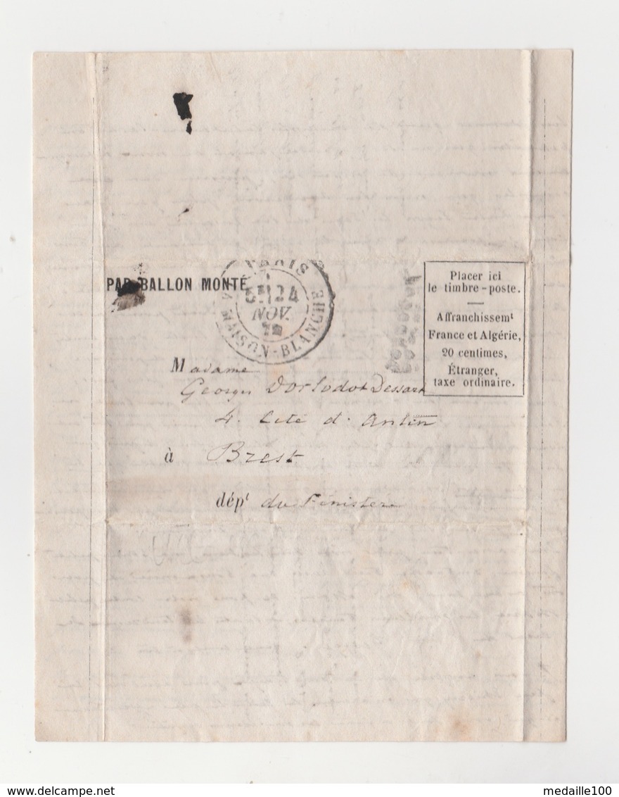 Ballon Monté Le Ville D'Orléans Tombé En Mer  Timbre Perdu  Départ La Maison Blanche Le 24//11/1870 Certificat Expert - 1870 Siège De Paris