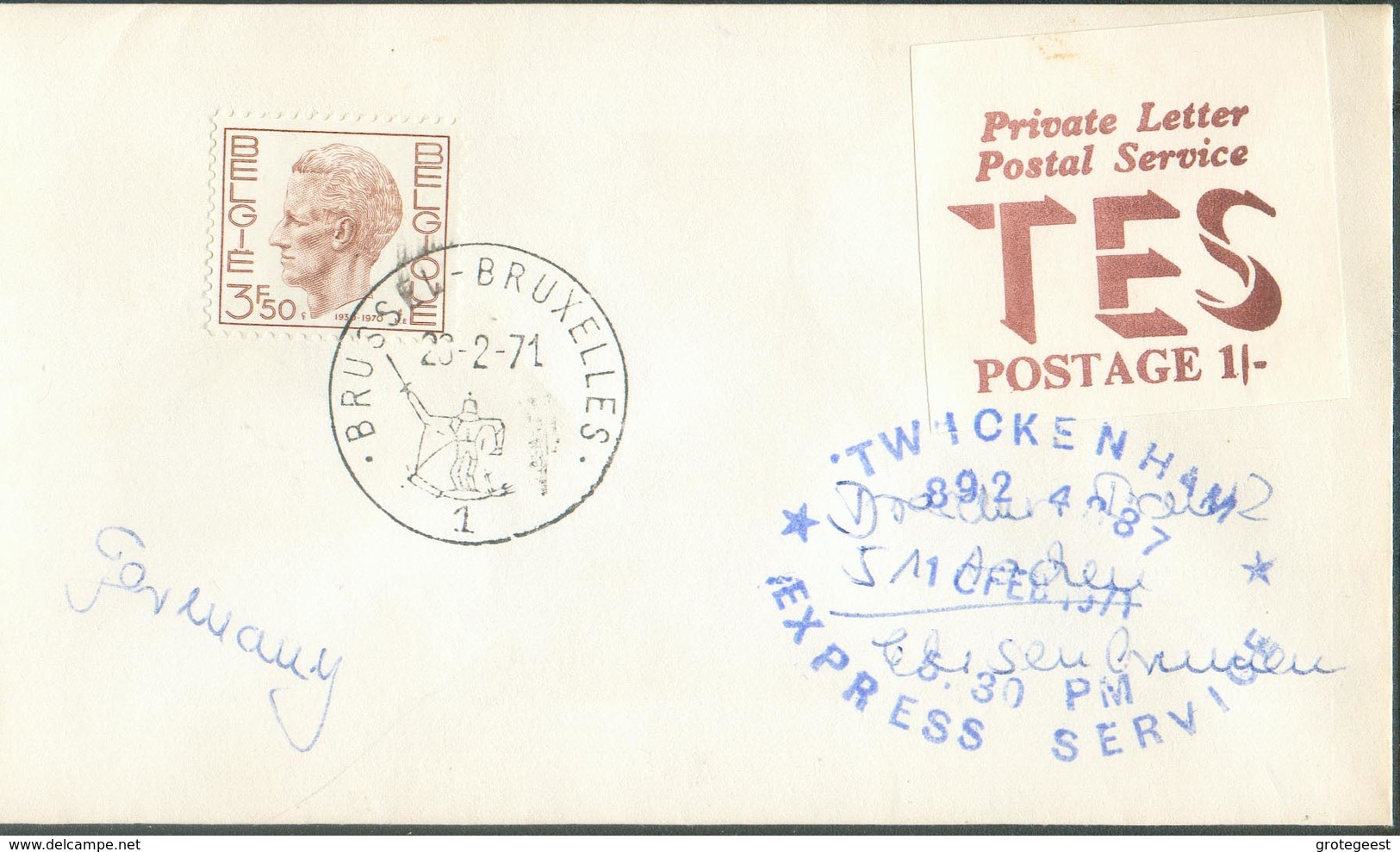 BELGIQUE - Enveloppe De Bruxelles Pour L 'Allemagne En 1971 Par Twickenham ( Service Poste Privée )  - 14995 - Cartas & Documentos