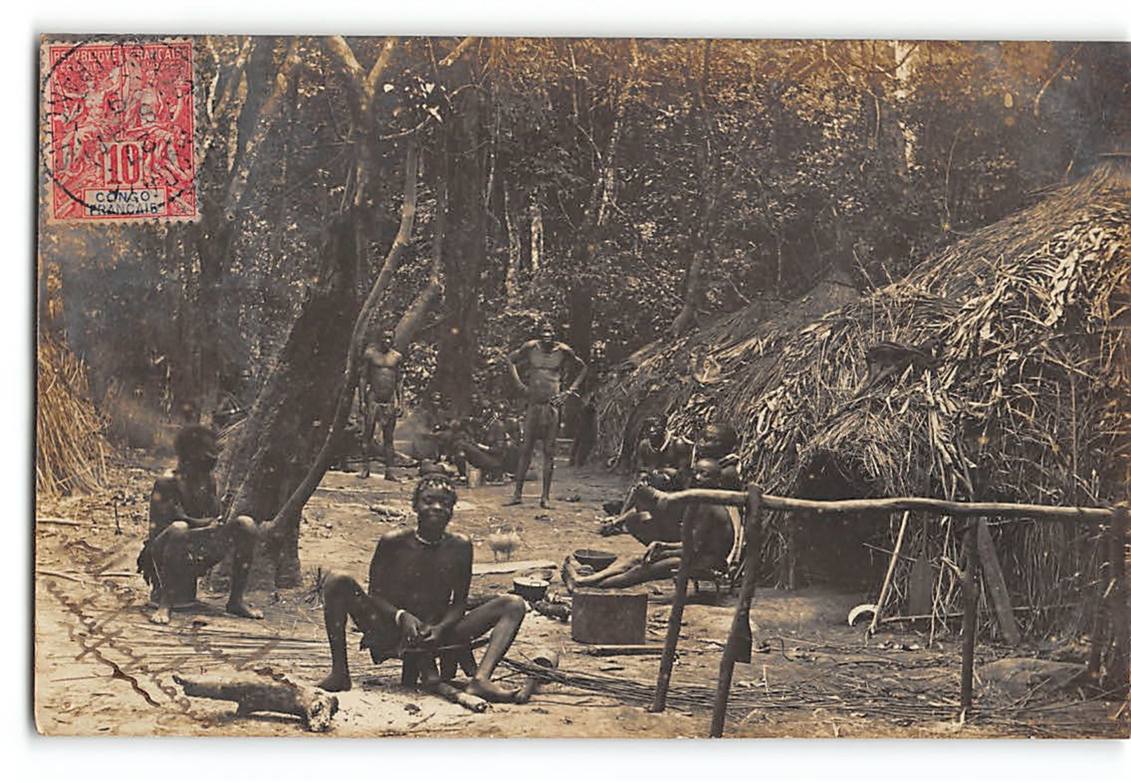 CPA Carte Photo Auguste Bechaud - Village Boubou Anthropophage - Oubangui Chari - Zentralafrik. Republik