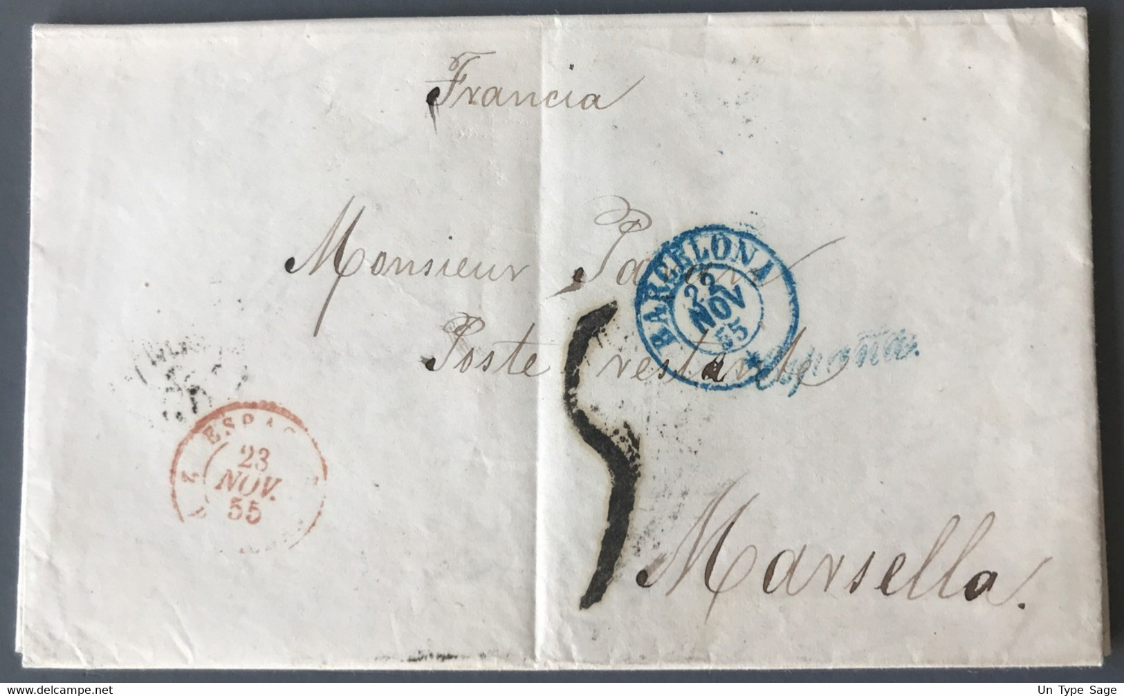 Espagne, Lettre De Barcelone Pour Marseille 1855, Taxe 5 + Ambulant Rouge - (B1795) - Altri & Non Classificati