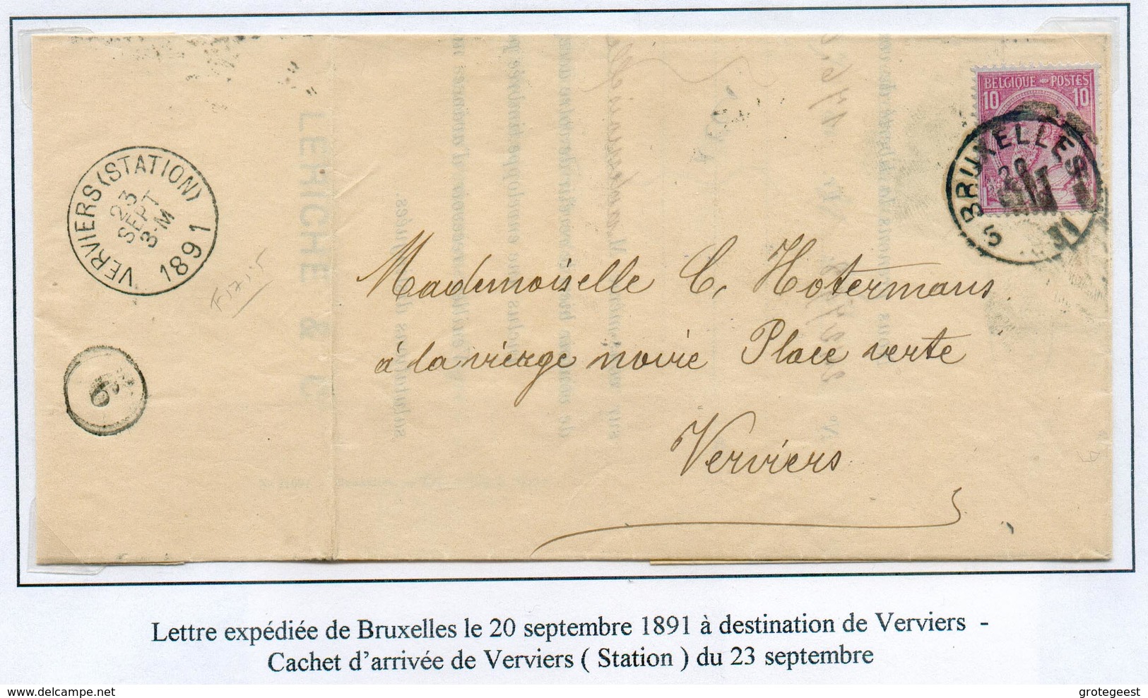 COLLECTION DE VERVIERS -  46 Sur Lettre De Bruxelles à Verviers Le 20 Sept. 1891 Sur Feuille D'album - 15012 - 1884-1891 Léopold II