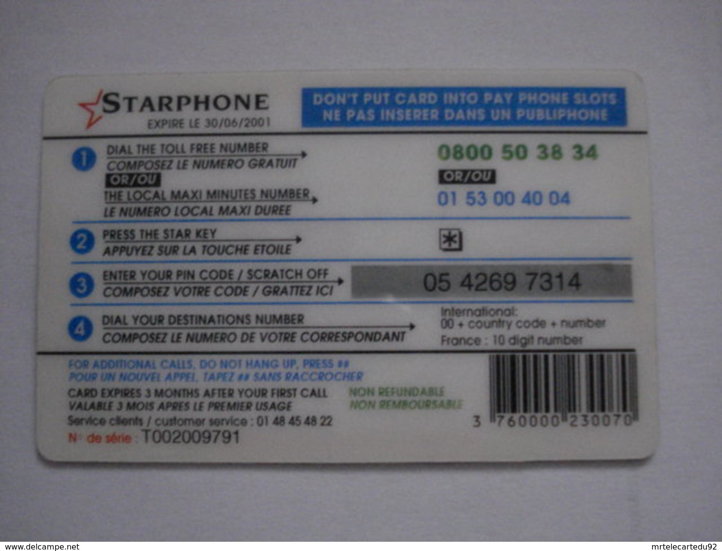 Carte Prépayée Française  " STARPHONE "  (utilisé). - Kaarten Voor De Telefooncel (herlaadbaar)