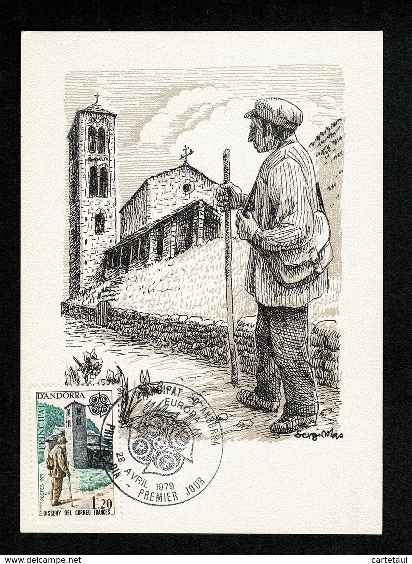 ANDORRE ANDORRA Carte Maximum FDC Facteur Eglise Canillo EUROPA 1979 Gravure Sergi MAS Artiste Illustrateur Andorran - Cartes-Maximum (CM)