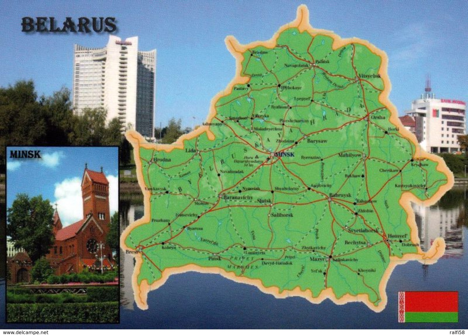 1 Map Of Belarus * 1 Ansichtskarte Mit Der Landkarte Von Weißrussland - Im Kleinen Bild Kirche In Minsk Der Hauptstadt * - Landkarten