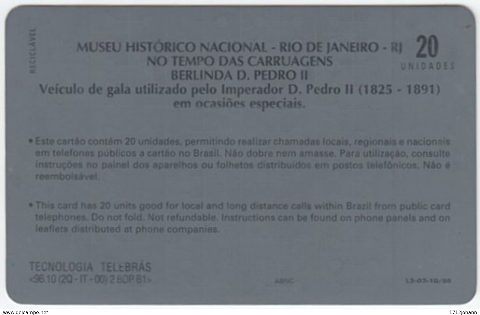 BRASIL C-118 Magnetic Telebras - Exhibition, Museum, Traffic, Horse Carriage - Used - Brasilien