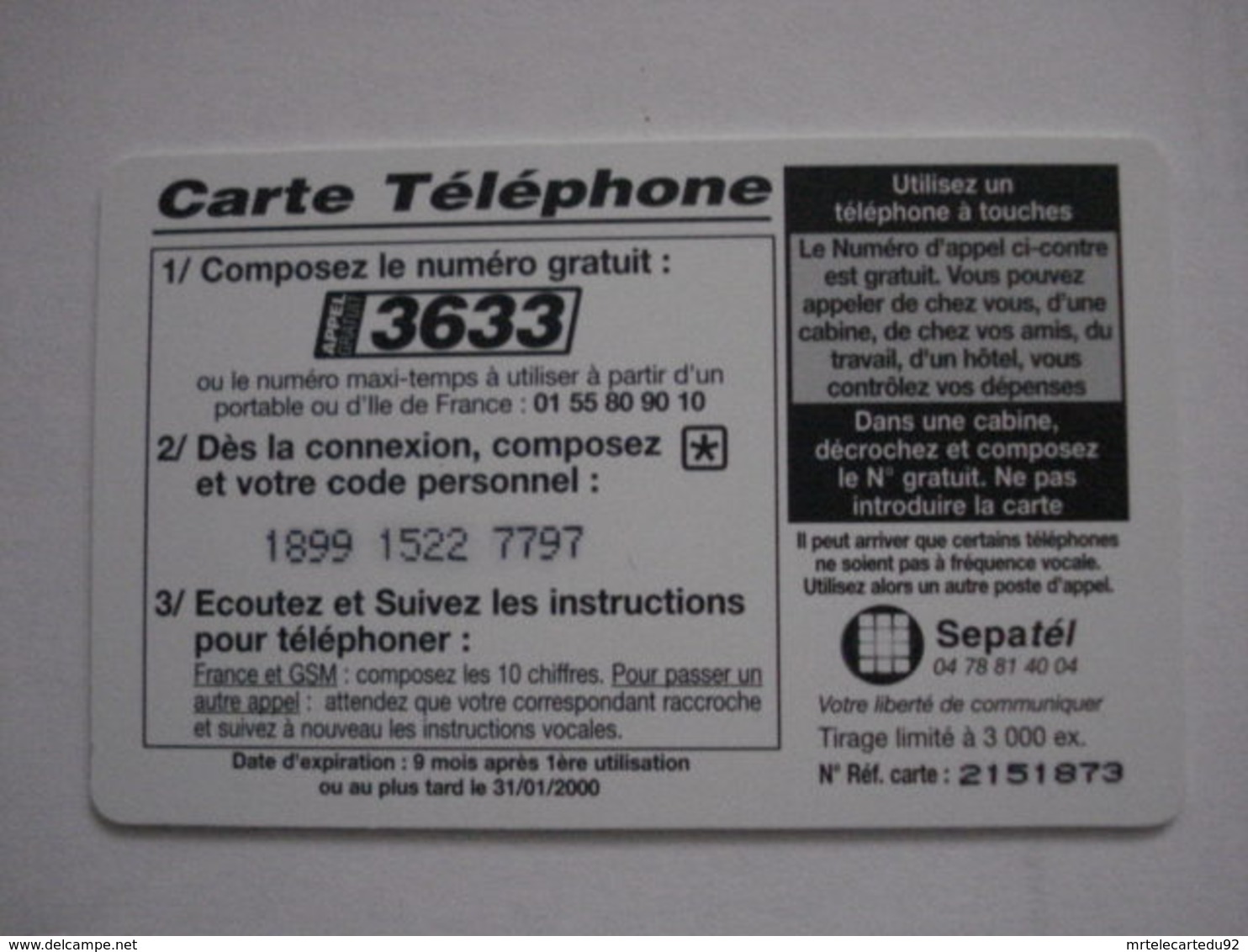 Carte Prépayée Française  " Sepatél "  (utilisée Luxe). - Per Cellulari (ricariche)